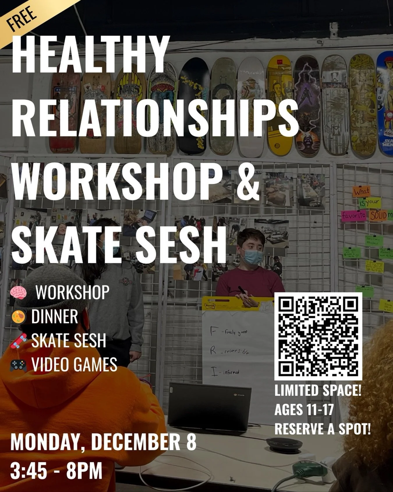 Join us next Monday, December 8th for a healthy relationships workshop led by partners at Teen LINKS @ppmnj_teenlinks 🙌 All participants will enjoy a meal, private skate sesh, and video games after the workshop.

Please note: This is a private skate