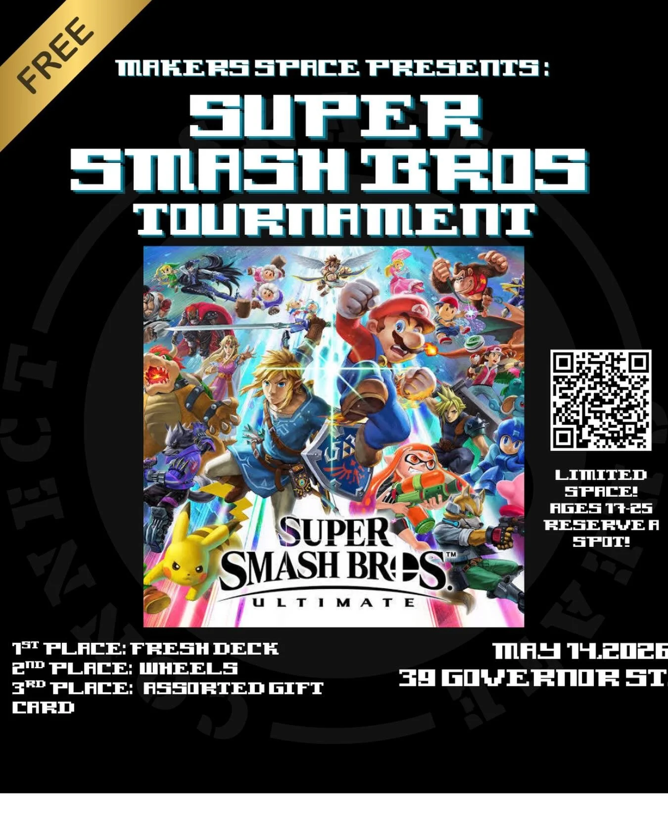 We&rsquo;re hosting a FREE Super Smash Bros. Ultimate Tournament and the stakes are high.
Whether you&rsquo;re a casual player or a local pro, come out for a night of high-tier gameplay, community vibes, and some serious prizes.
🏆 The Loot
&bull; 1s