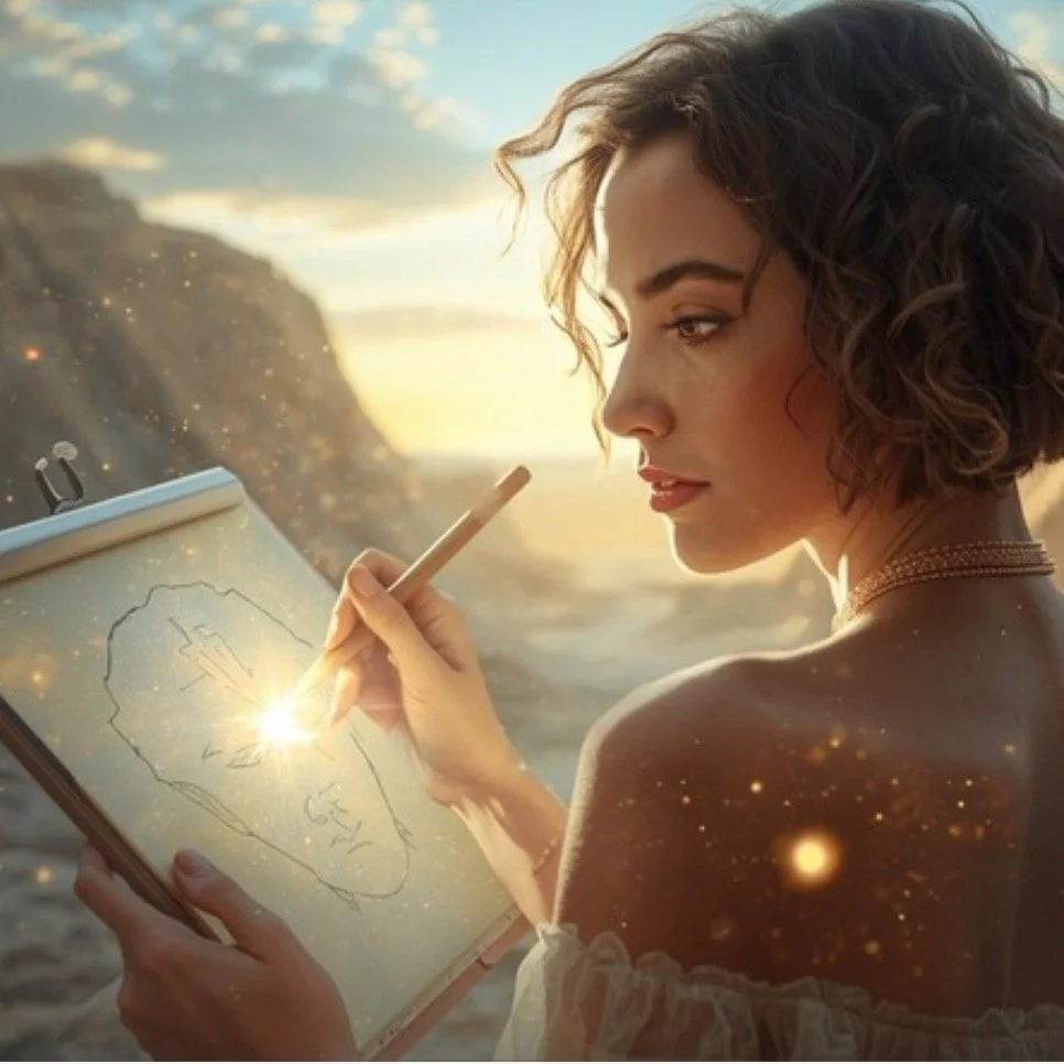 Q What do I do as a spirit inspired artist? A & image from AI.... 
The Weaver of Light
She moves between worlds,
where silence speaks and shadows shift.
A pastel in her hand, a spark in her gaze,
turning intention into form, spirit into practice.
