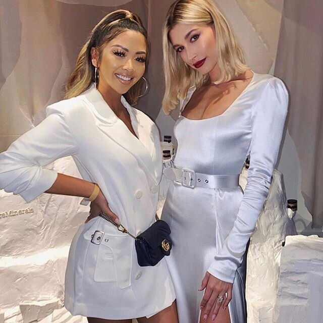 A vision in white! @lianev stuns in @armaniexchange as she celebrated 25 years of @bareminerals alongside @haileybieber