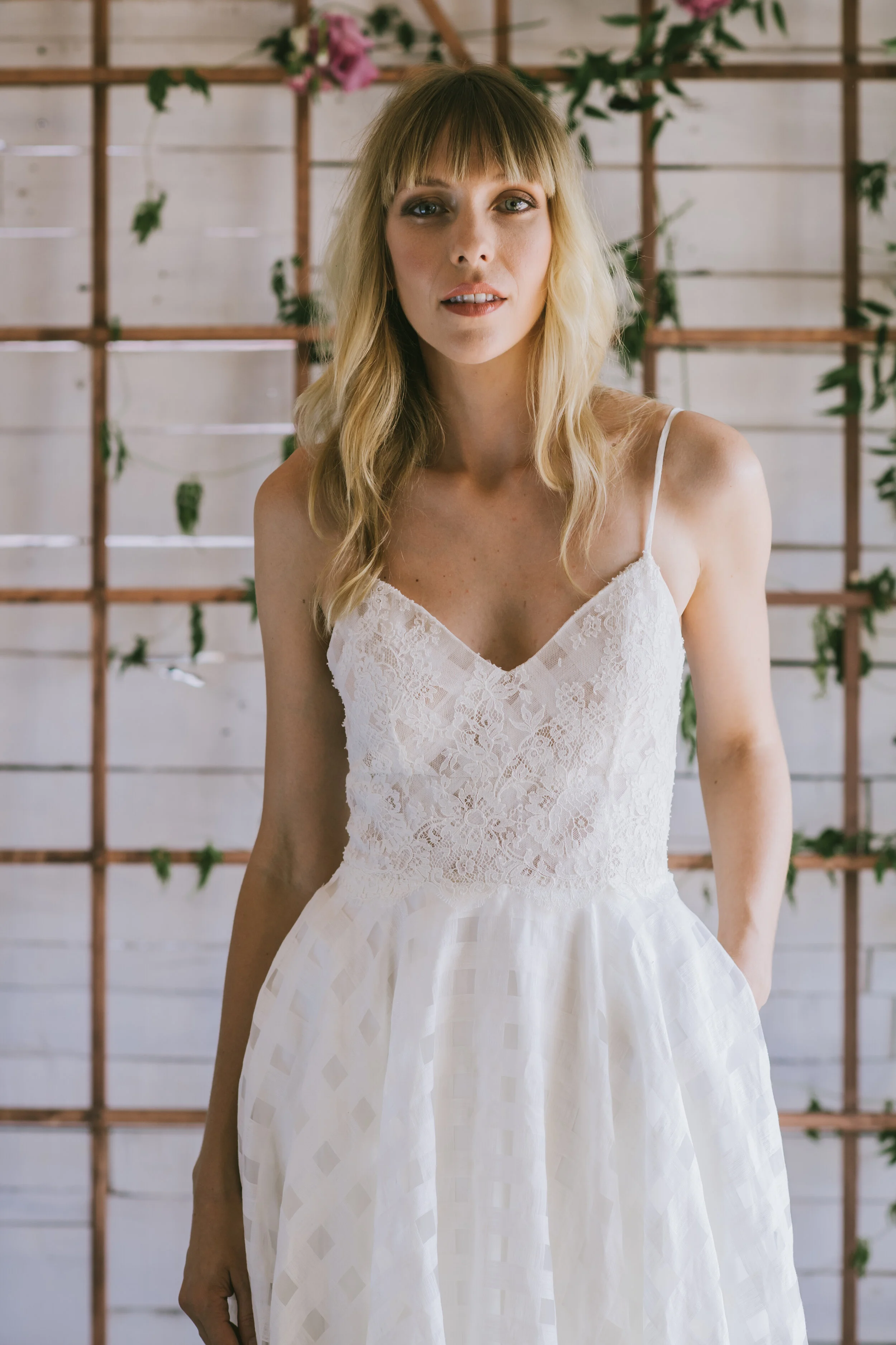 Loulette Bride Carmen Gown in gingham organza with lace and pockets. Wedding dress and bridal made in Brooklyn, New York