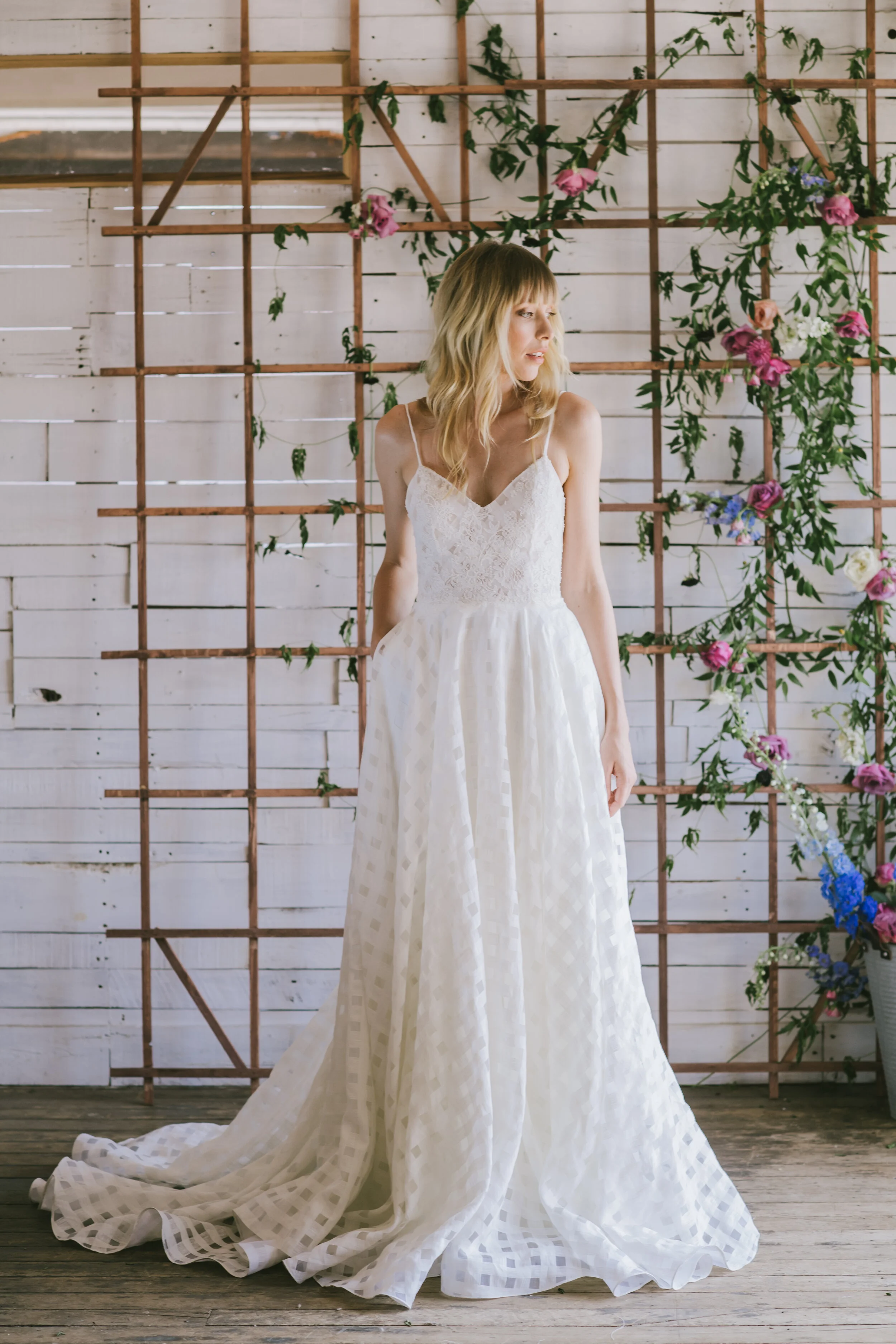 Loulette Bride Carmen Gown in gingham organza with lace and pockets. Wedding dress and bridal made in Brooklyn, New York
