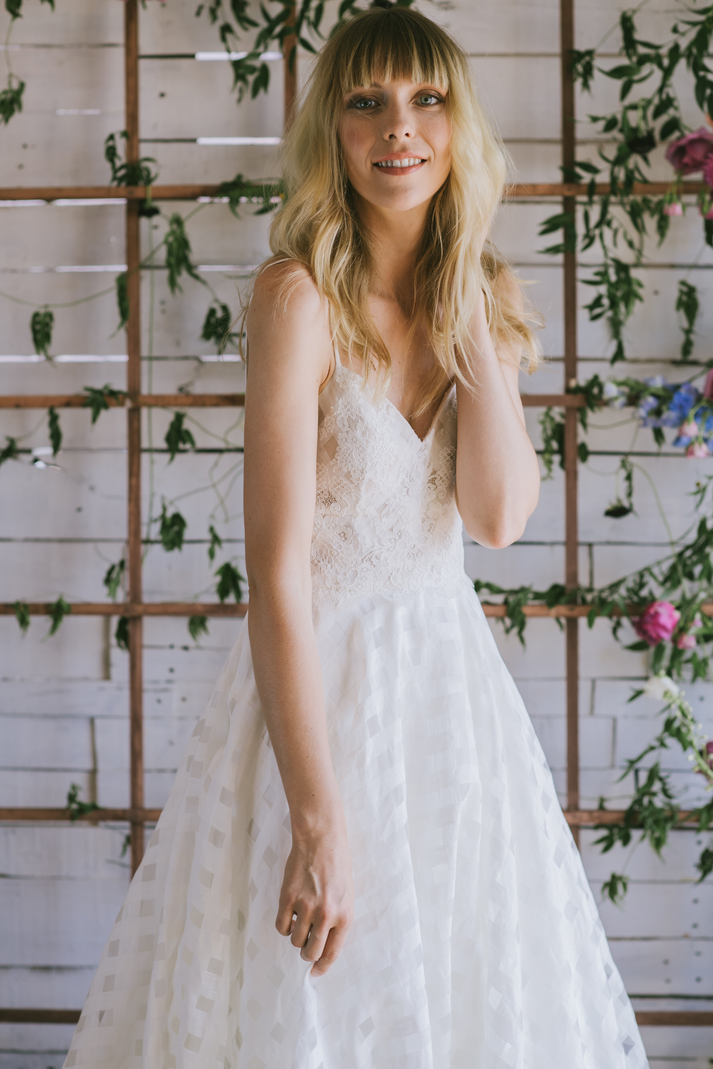 Loulette Bride Carmen Gown in gingham organza with lace and pockets. Wedding dress and bridal made in Brooklyn, New York