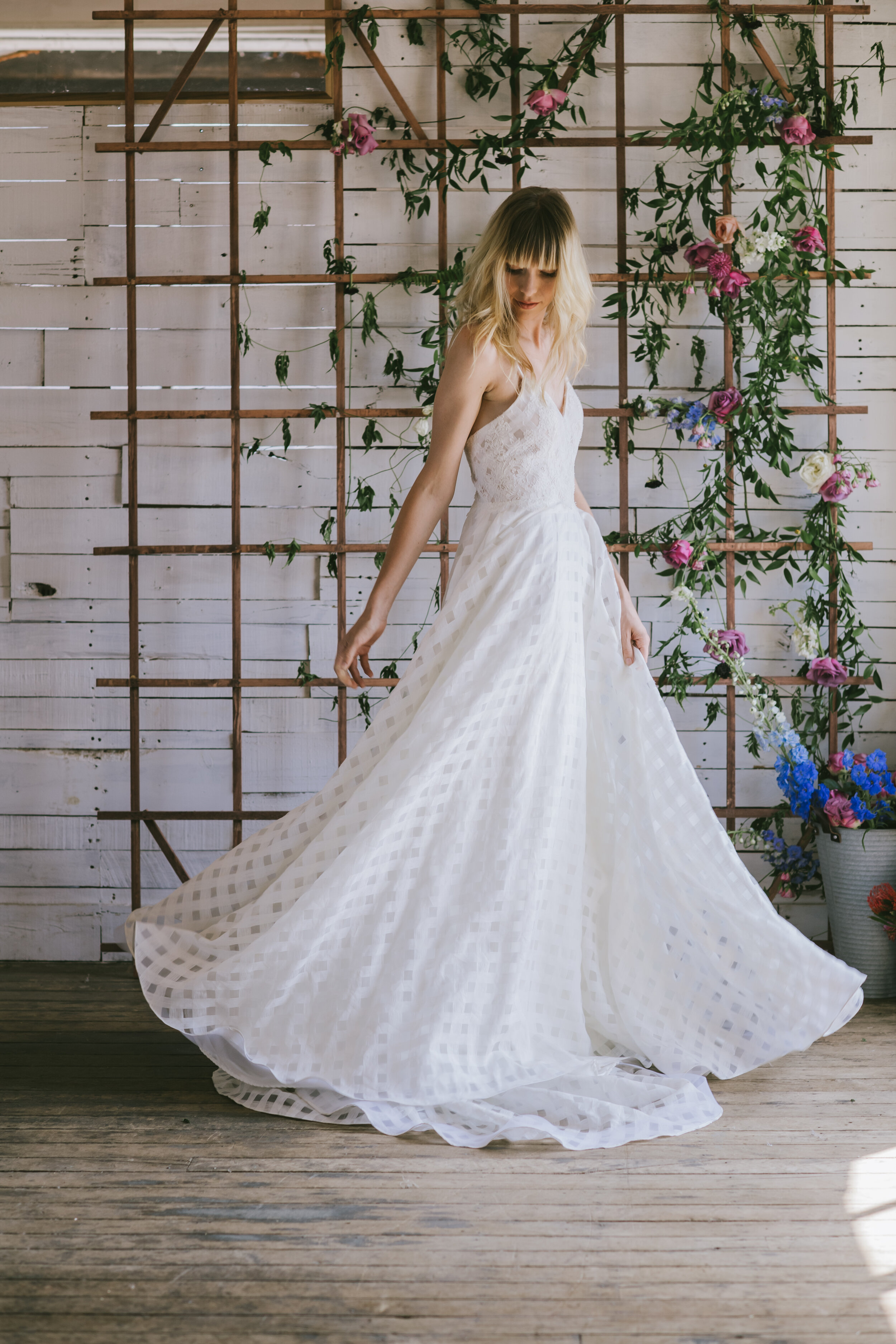 Loulette Bride Carmen Gown in gingham organza with lace and pockets. Wedding dress and bridal made in Brooklyn, New York