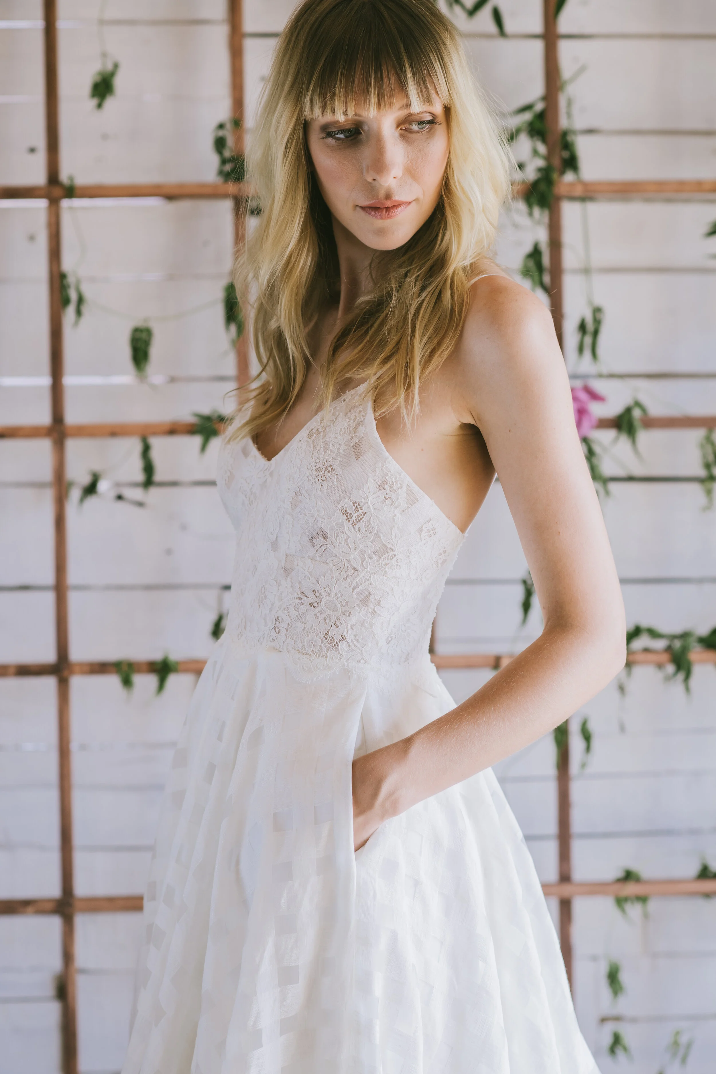 Loulette Bride Carmen Gown in gingham organza with lace and pockets. Wedding dress and bridal made in Brooklyn, New York