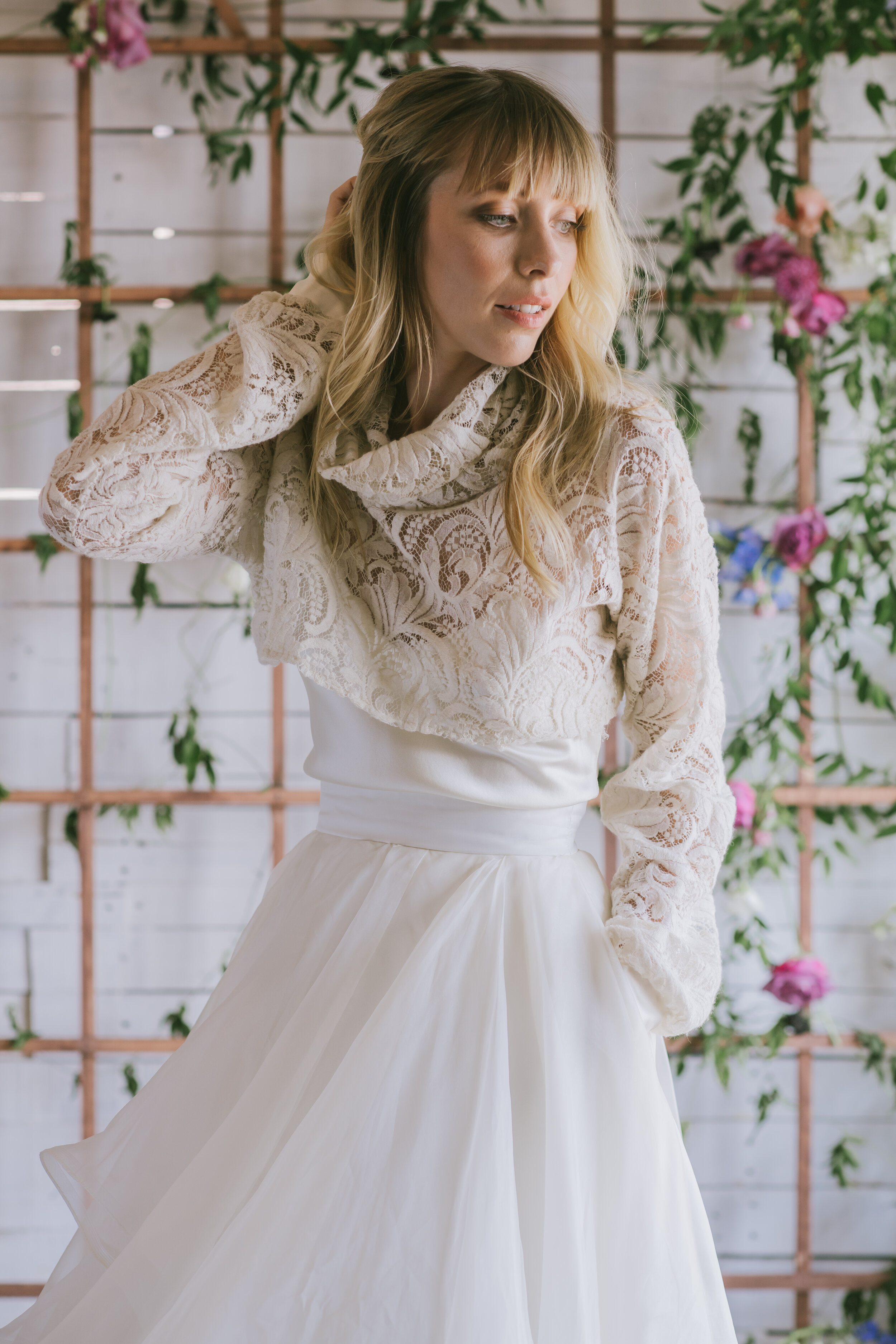 Loulette Bride Malva Sweater bridal cover-up in wool lace. Wedding dress and bridal made in Brooklyn, New York