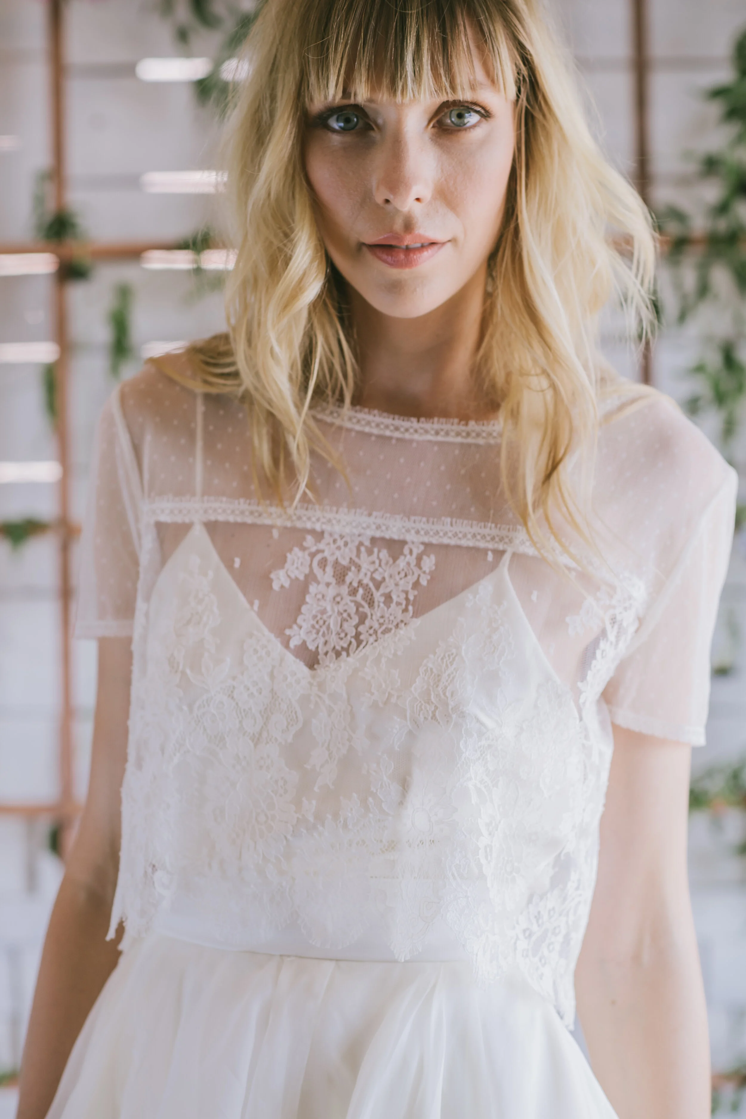 Loulette Bride Kai Topper in lace and polka dot tulle with short sleeves. Wedding dress and bridal made in Brooklyn, New York