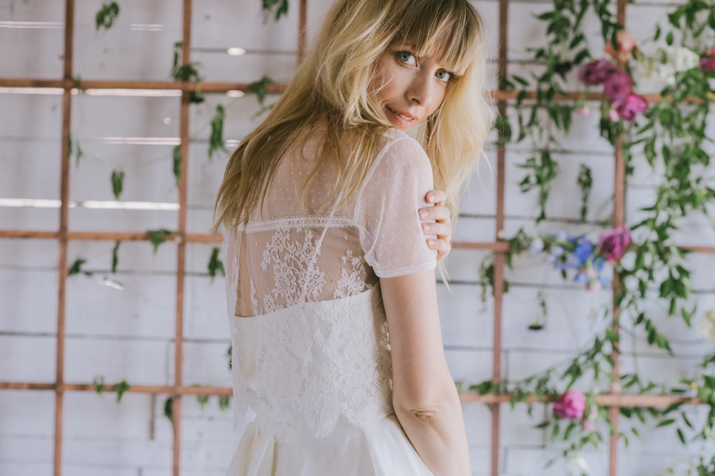 Loulette Bride Kai Topper in lace and polka dot tulle with short sleeves. Wedding dress and bridal made in Brooklyn, New York