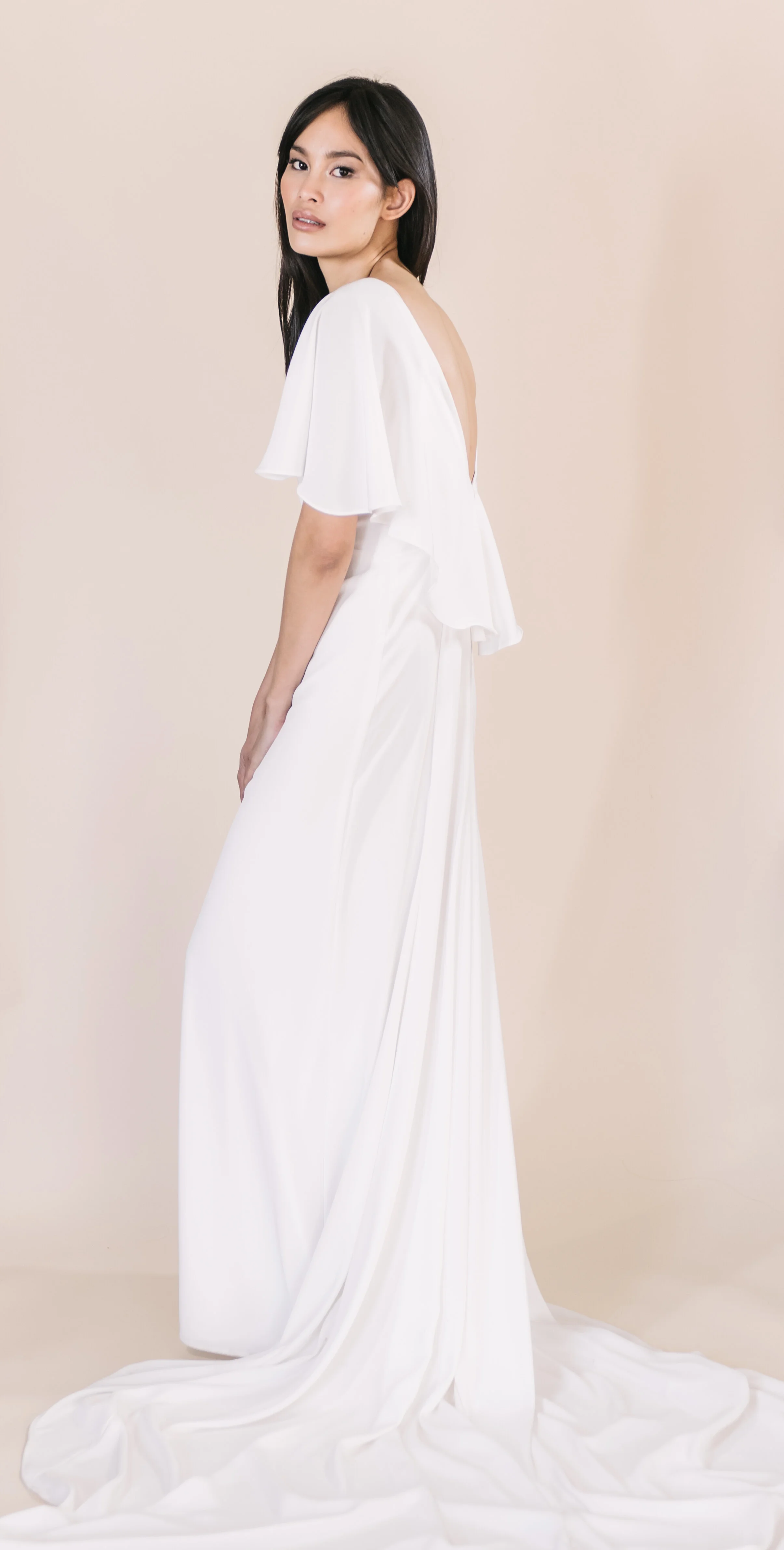 crepe flutter sleeve wrap wedding dress