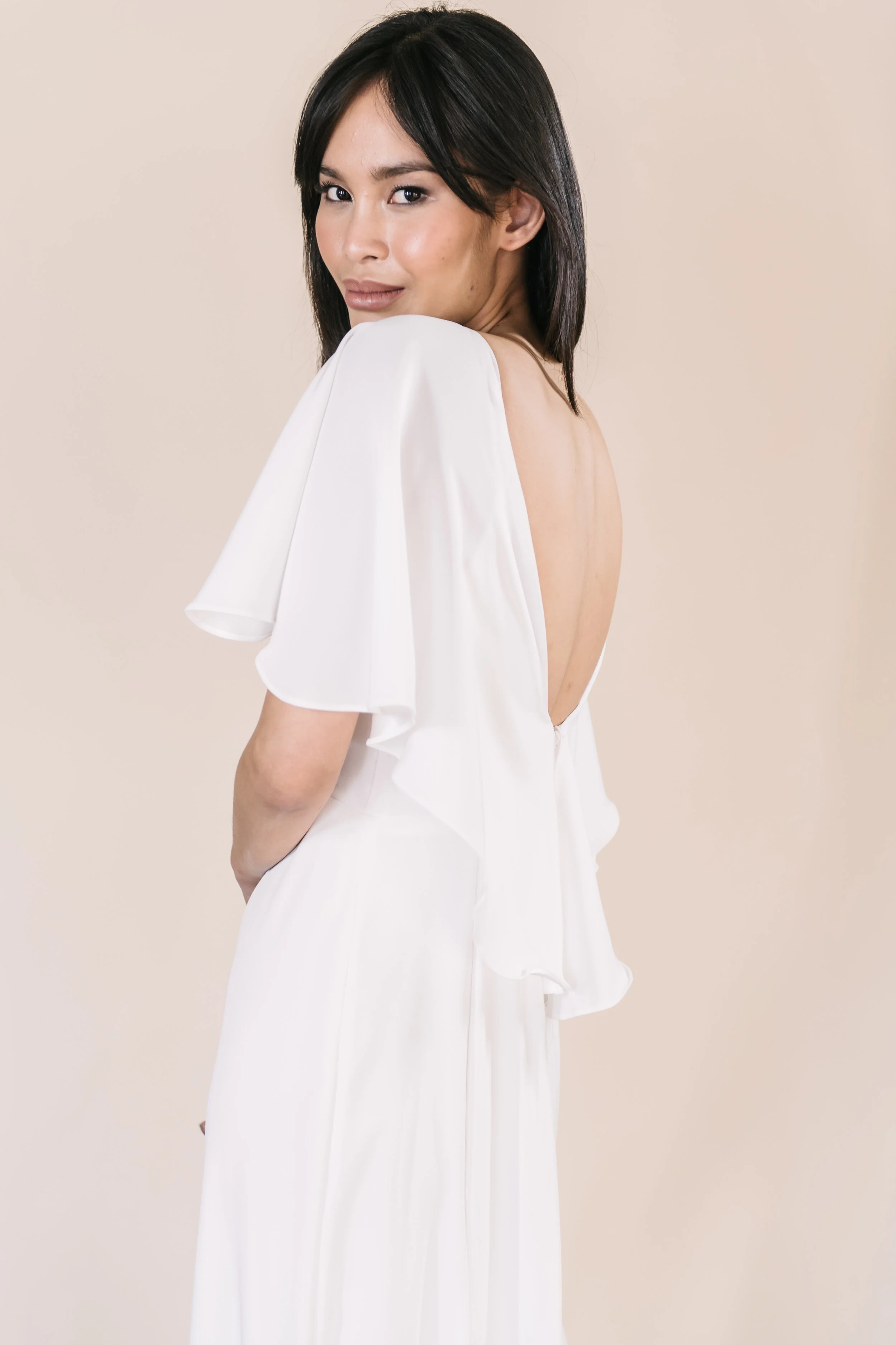 crepe flutter sleeve wrap wedding dress