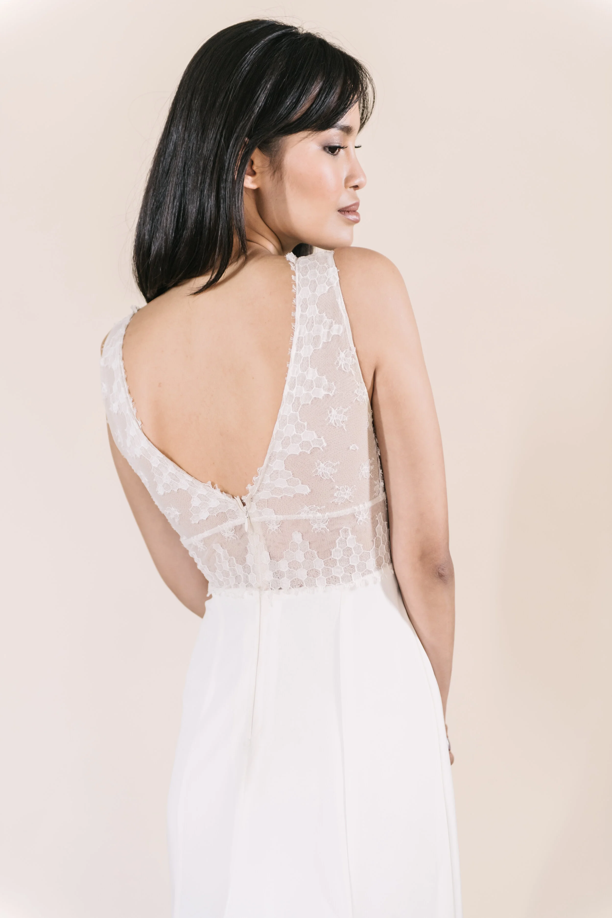 bumblebee lace and crepe wedding dress