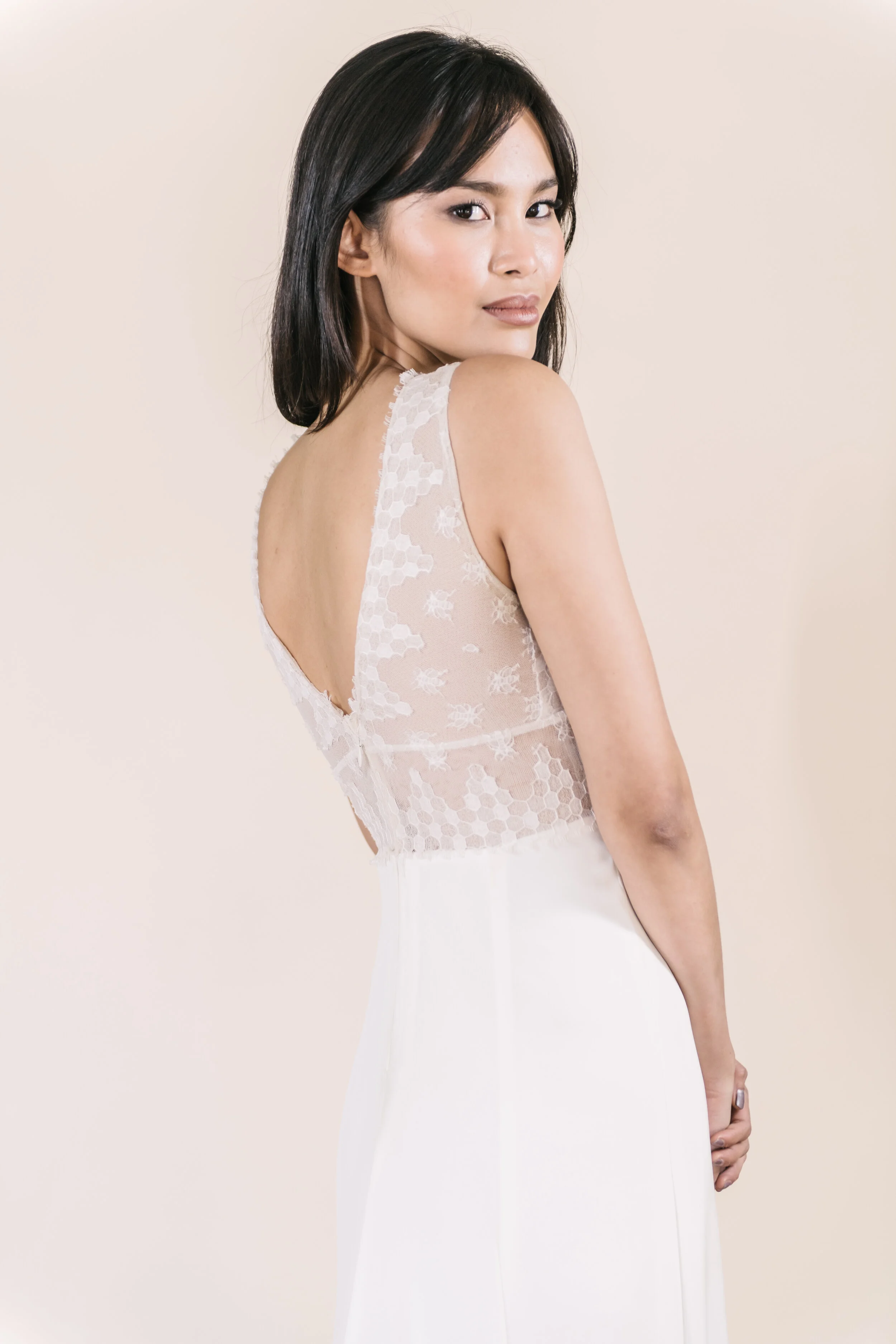 bumblebee lace and crepe wedding dress