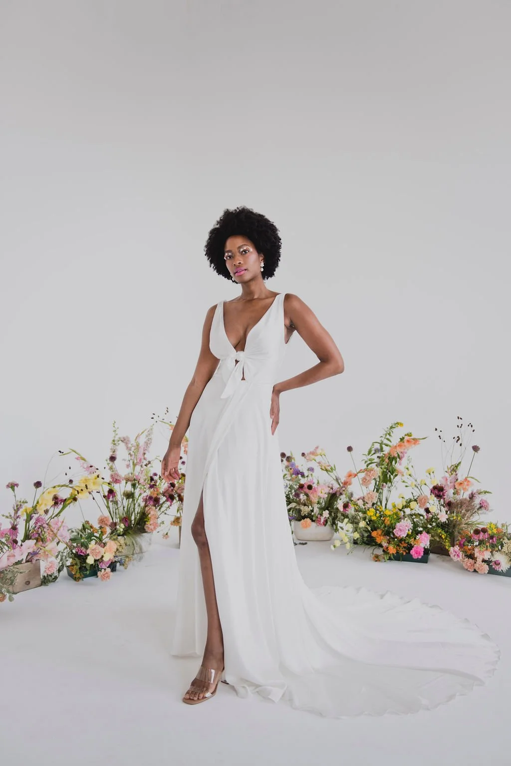 Wrap Style Silk Sustainable Wedding Dress with Front Slit and Tie Top