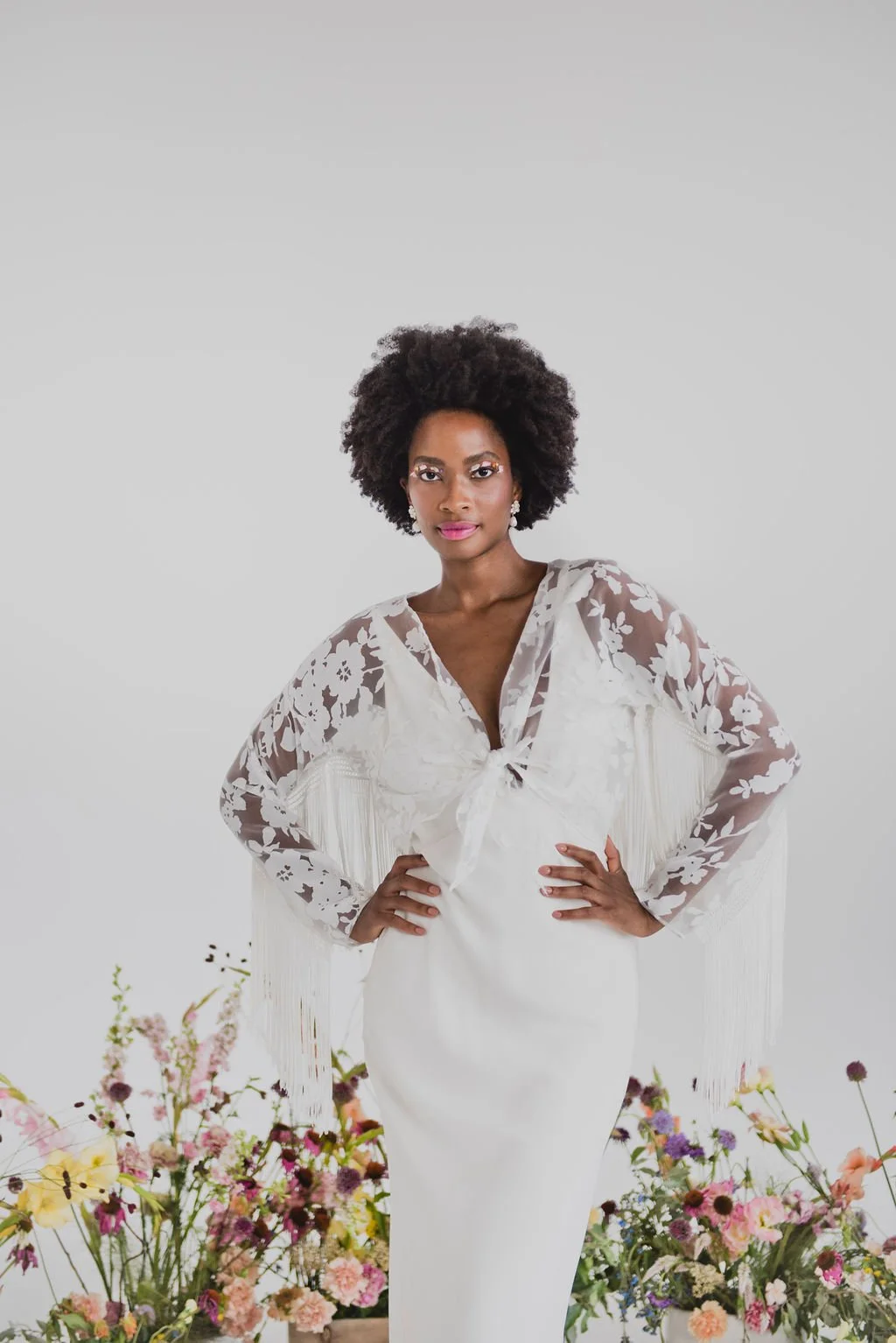 Floral and Fringe Tie Front Bridal Reception Cover-up Jacket - Mable Jacket   Loulette Bride