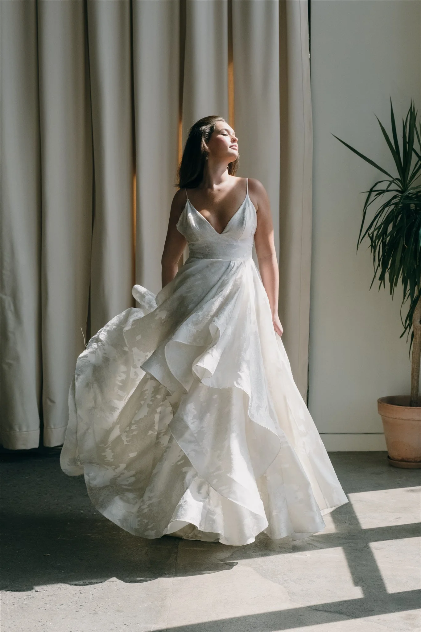 silver organza ruffle wedding dress