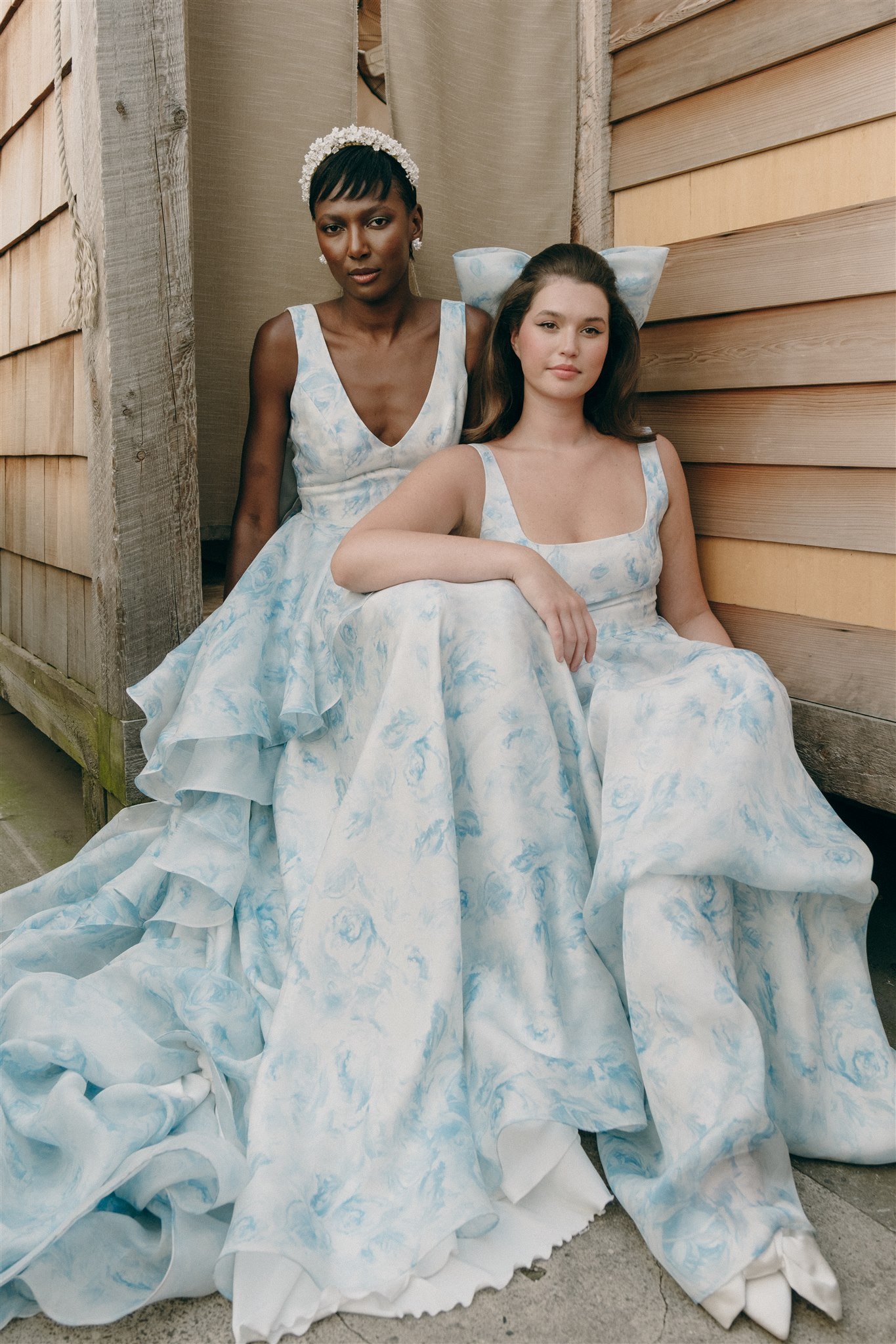 Blue Floral Silk Satin Organza Wedding Dress - Skylar Gown — Loulette Bride