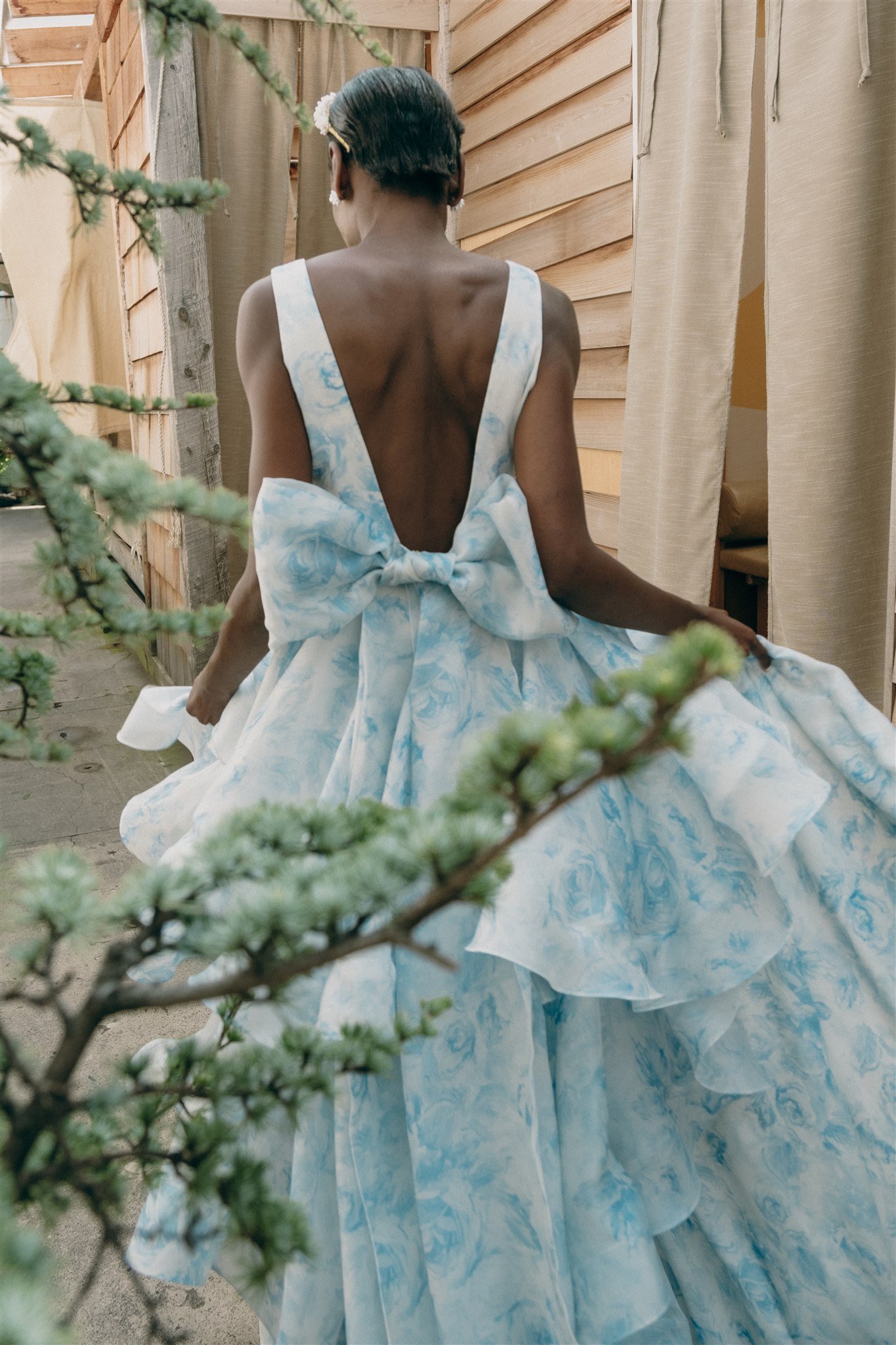 Blue Floral Silk Satin Organza Wedding Dress - Skylar Gown — Loulette Bride