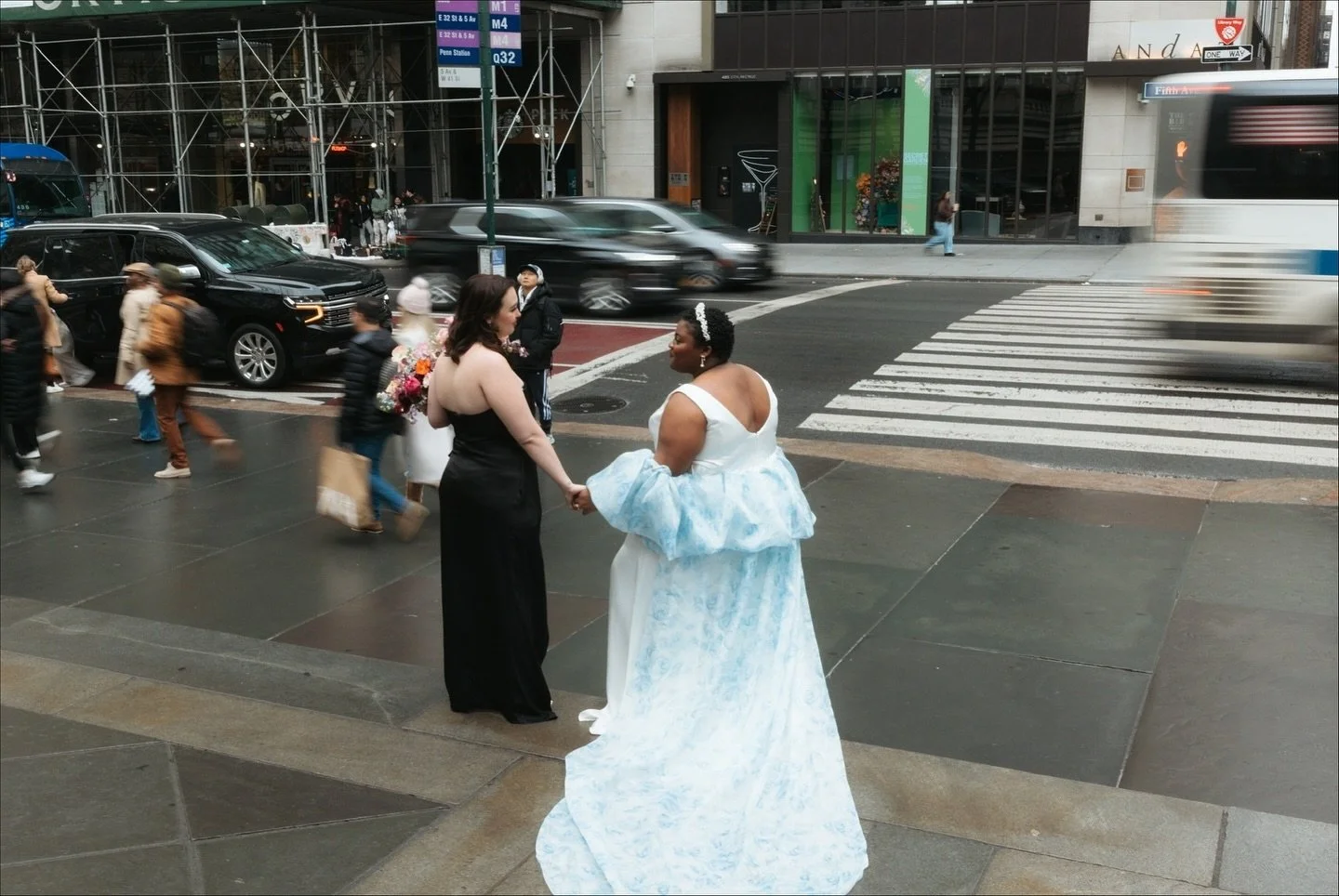 A cozy New York wedding 🩵🖤 #realloulettebride Adaboi wearing our #LucyGown with a custom blue silk organza topper!