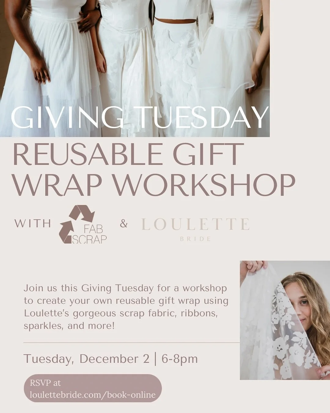 Join us and @fab_scrap on Giving Tuesday for a gift wrap workshop! 🎁 Create your own reusable gift wrapping with our GORGEOUS scrap fabrics, ribbons, sparkles!! 

Proceeds will go to @fab_scrap a nonprofit that provides transparent recycling and reu