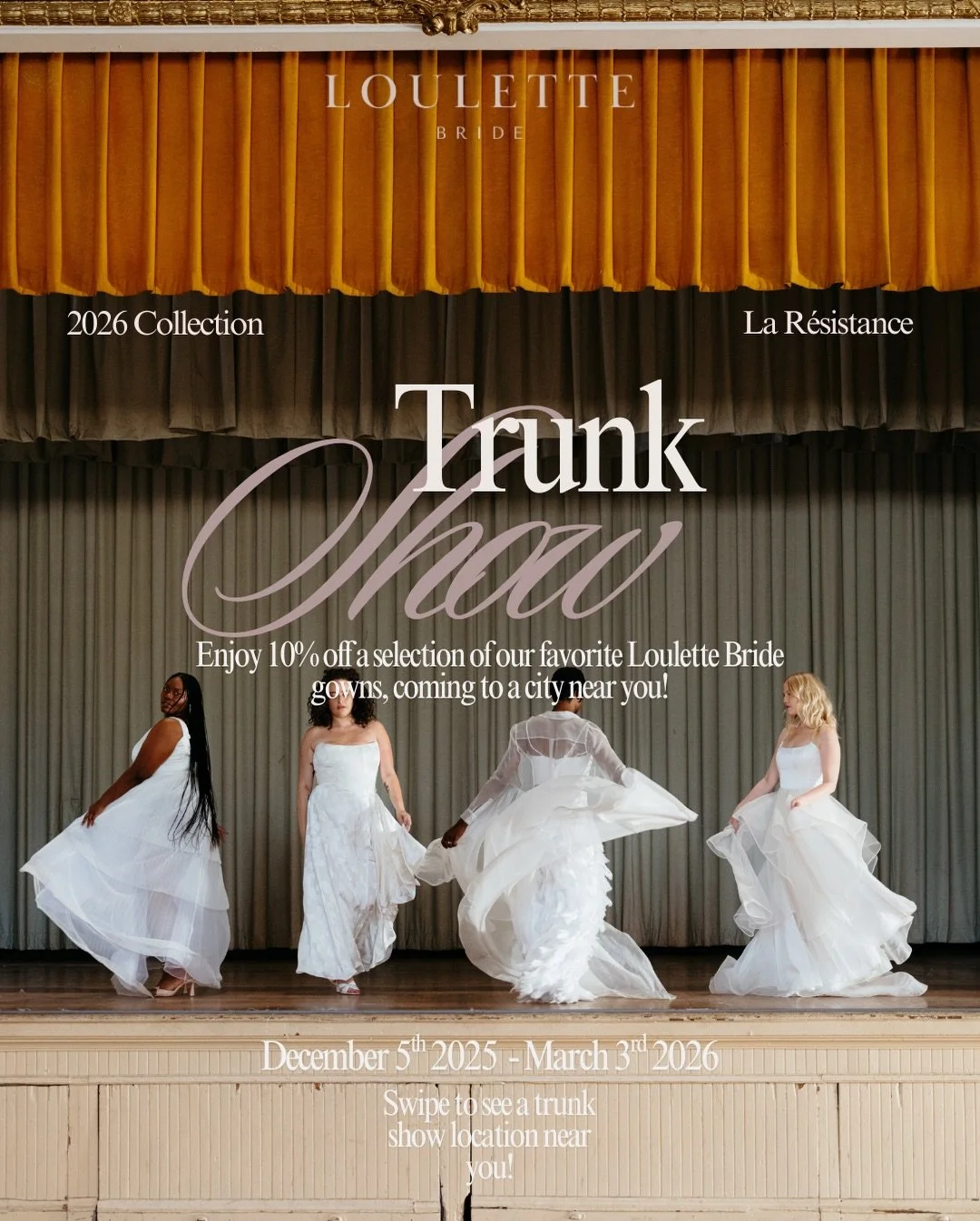 ✨TRUNK SHOW ALERT✨ We are celebrating the release of our newest collection, La R&eacute;sistance with a trunk show! Experience our gorgeous gowns and receive 10% off when you say yes! Swipe through to see what amazing retailers near you will be hosti