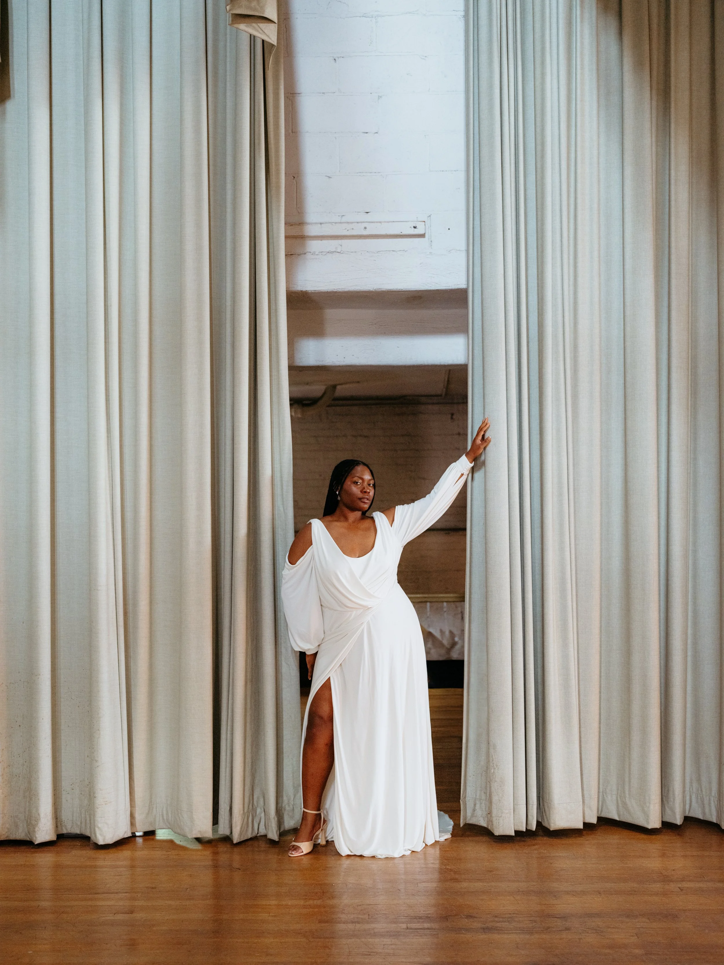 Draped matte jersey crepe plus gown with sleeves in Brooklyn NYC  Loulette  Bride
