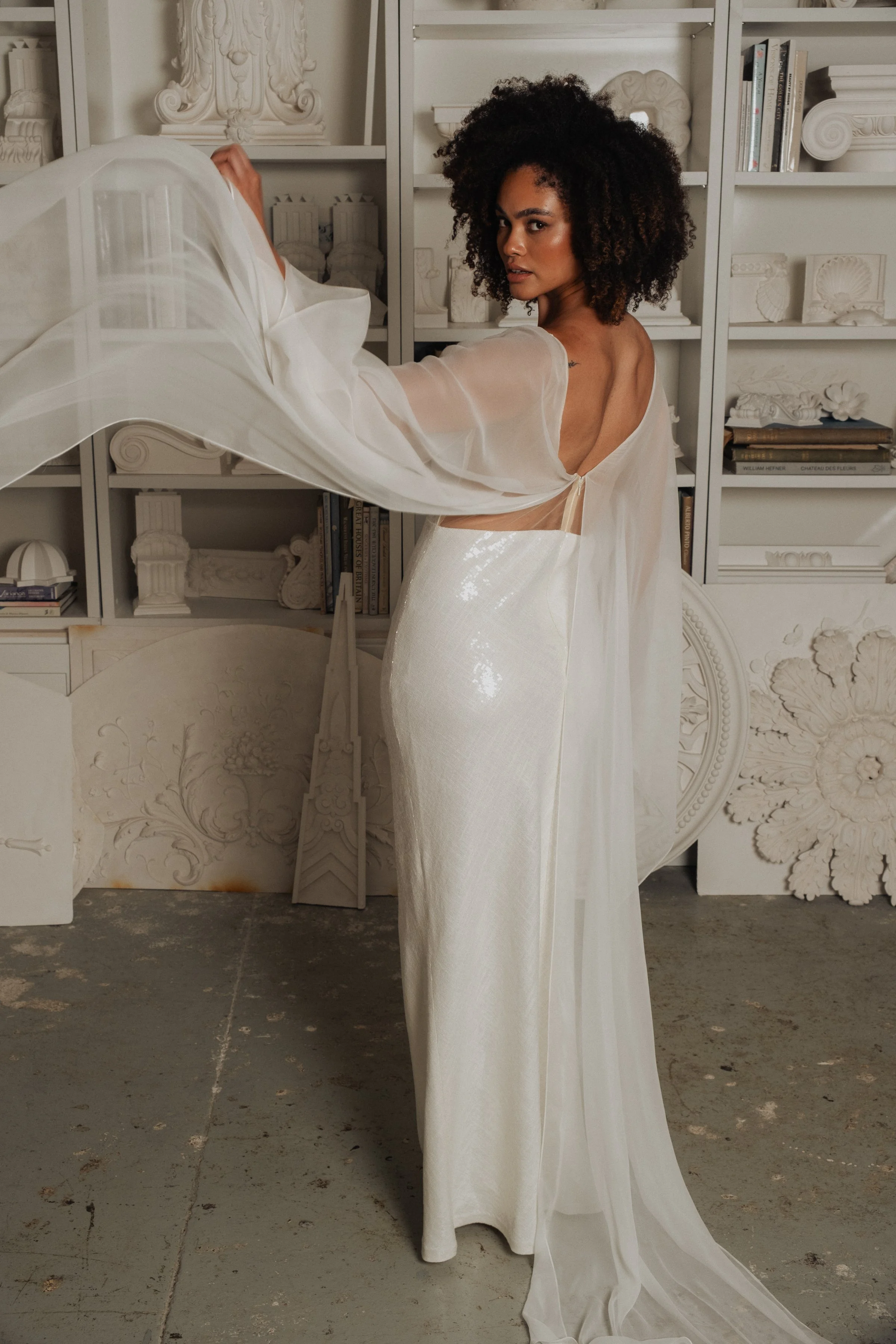 Sequin Fitted Wedding Dress with Cape Sleeves in Brooklyn NYC — Loulette Bride