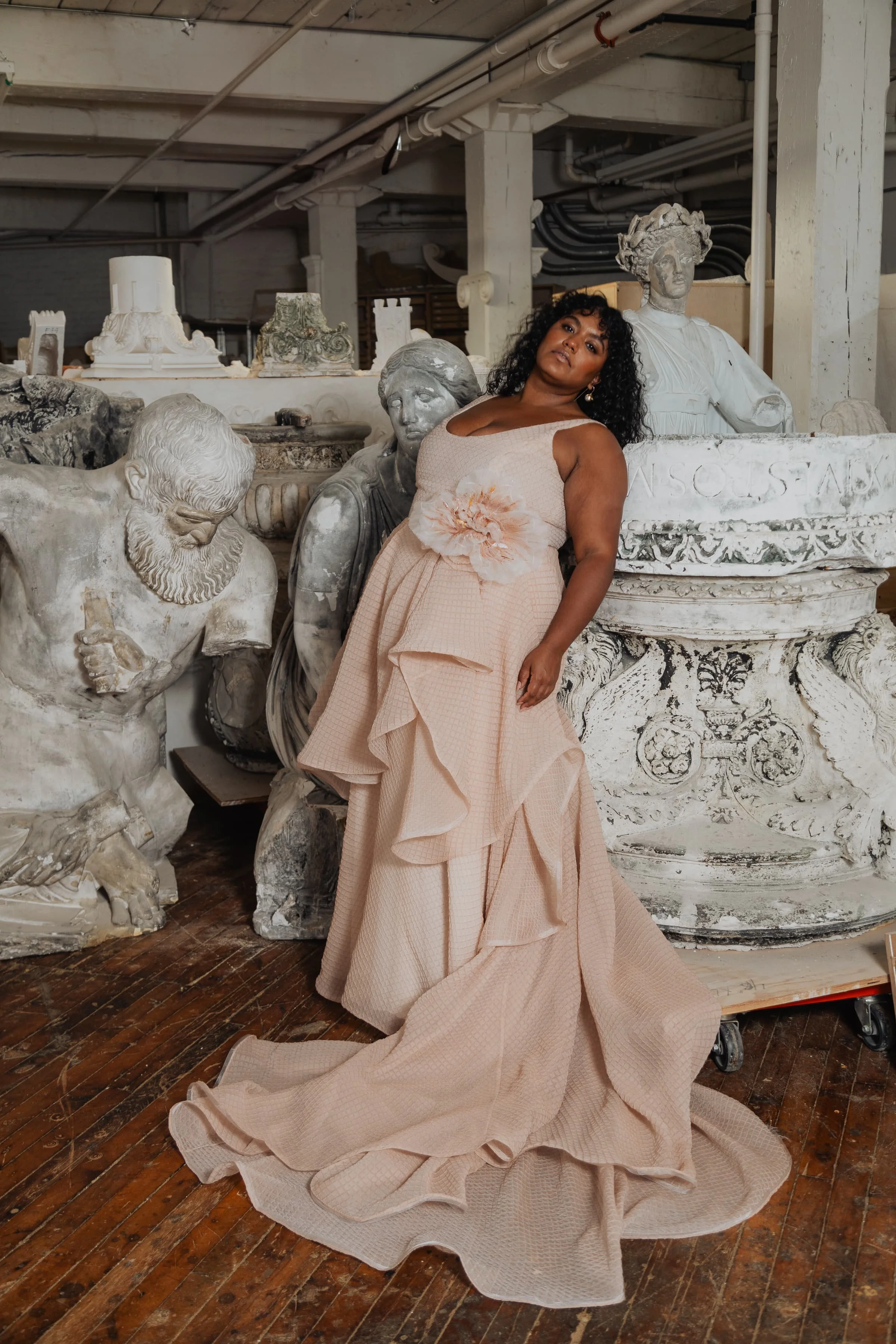 Waffle Silk Organza Scoop Tank Blush Pink Wedding Dress with Ruffle A-Line Skirt in Brooklyn NYC — Loulette Bride