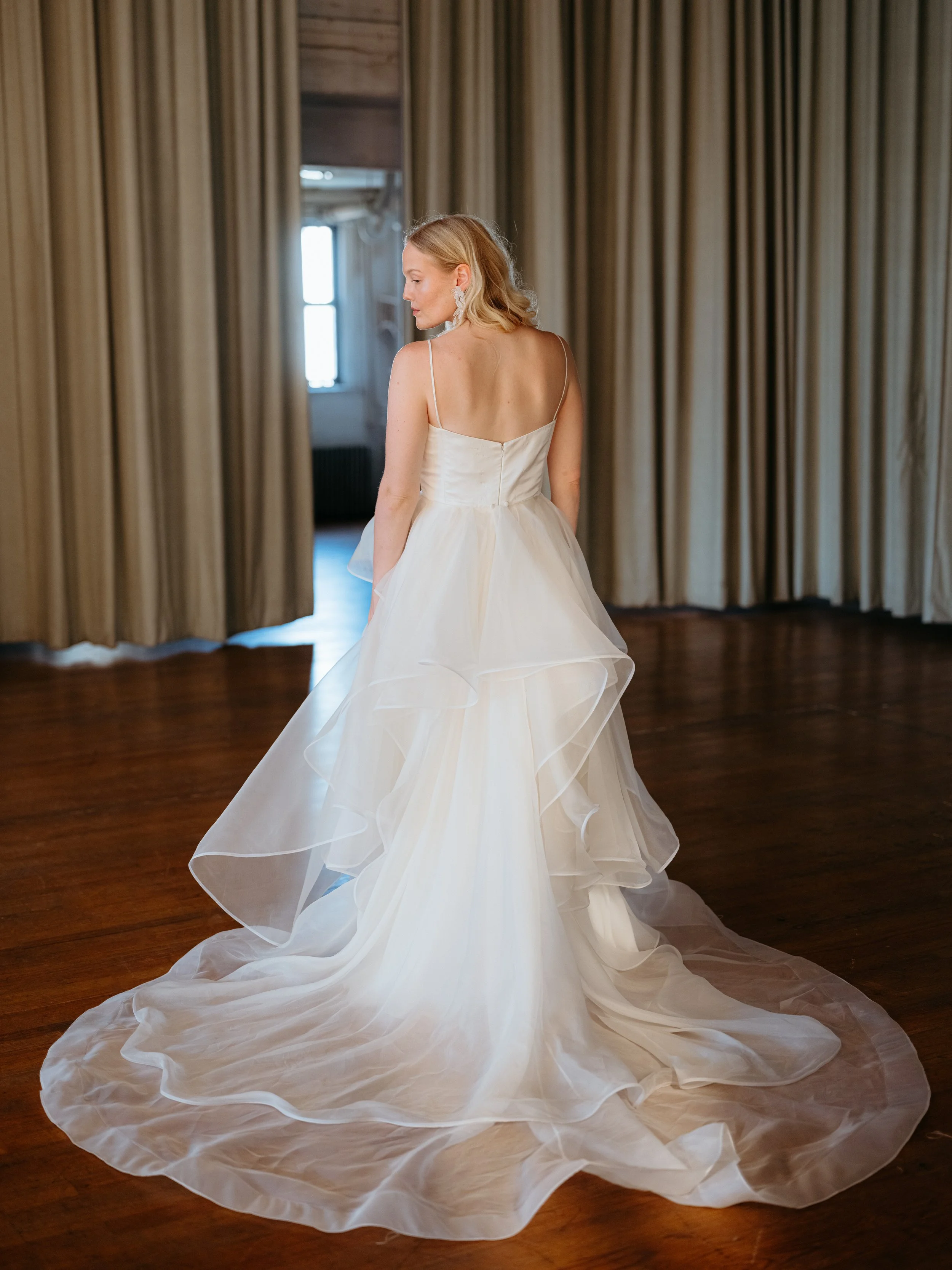 Corset bodice ballgown with silk satin and organza ruffles, made in Brooklyn NYC Loulette Bride Corset bodice ballgown with silk satin and organza ruffles, made in Brooklyn NYC Loulette Bride