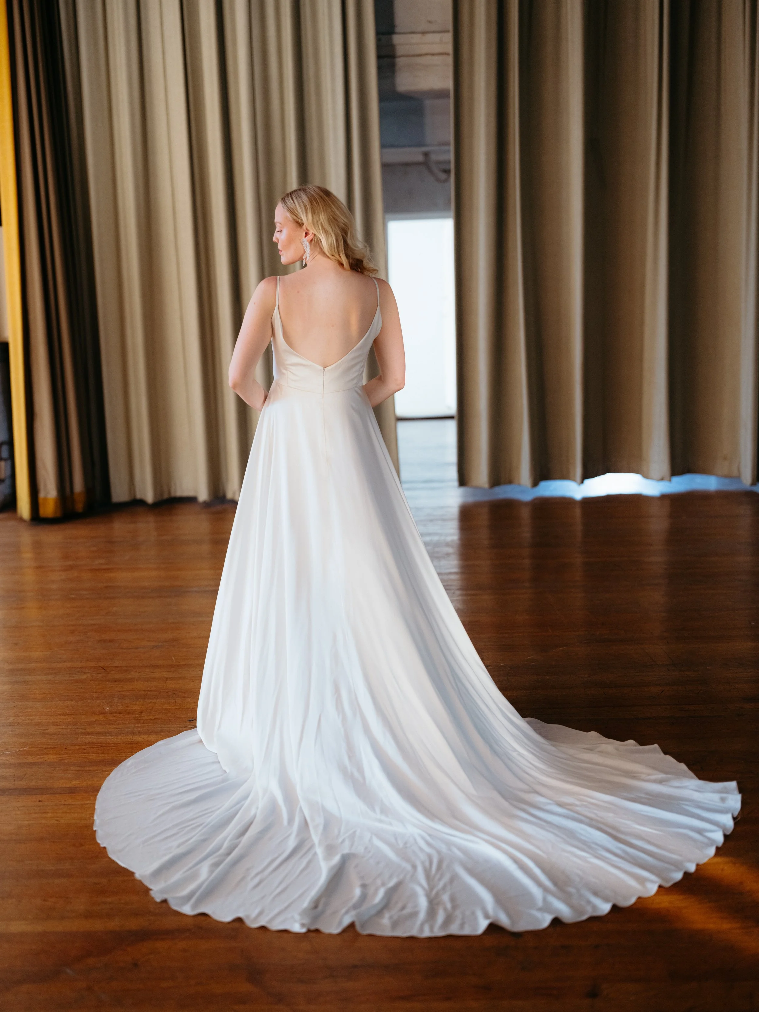 Silk charmeuse satin minimal a-line wedding dress, made in Brooklyn NYC —  Loulette Bride