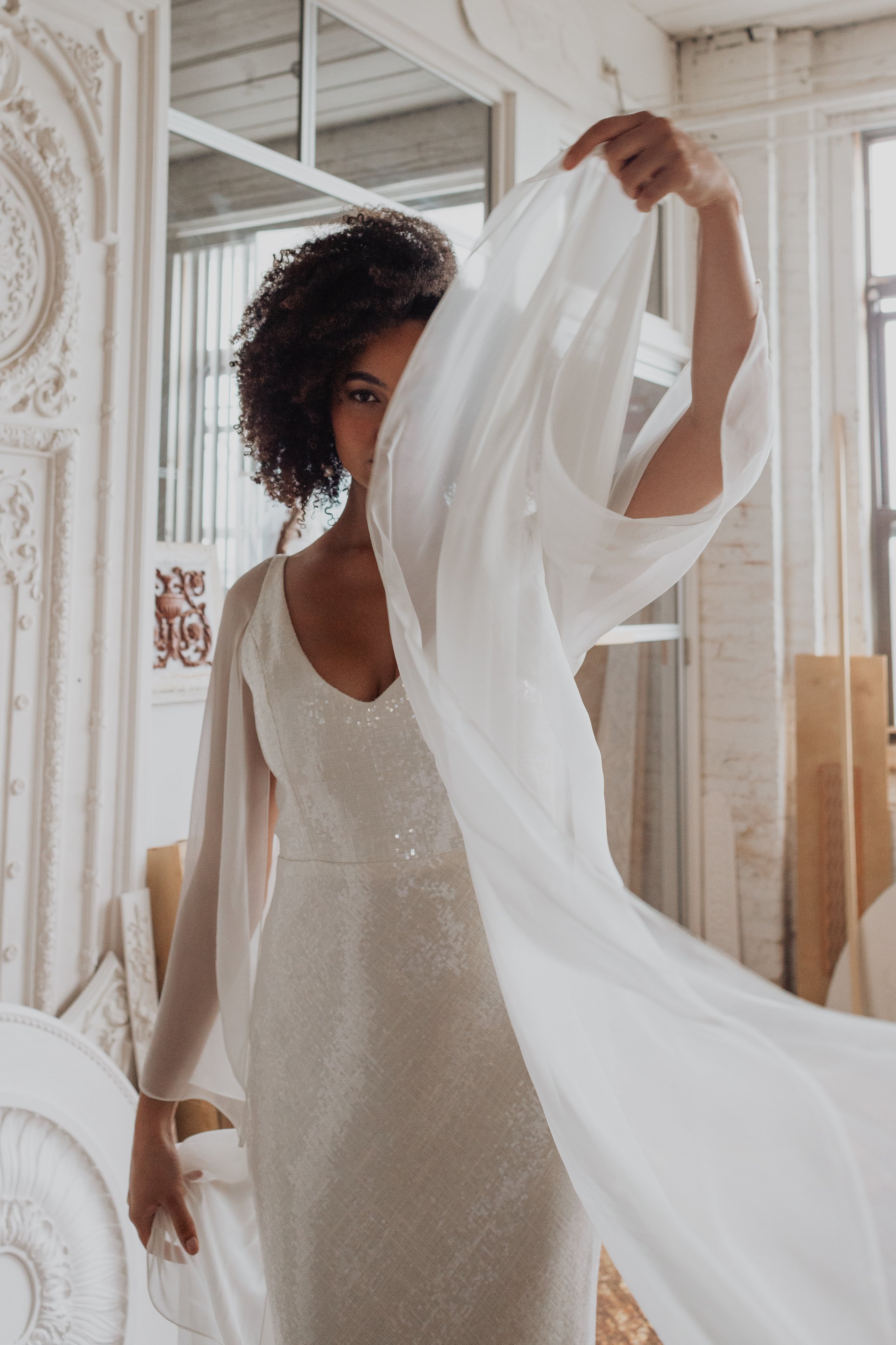 Sequin Fitted Wedding Dress with Cape Sleeves in Brooklyn NYC  Loulette Bride