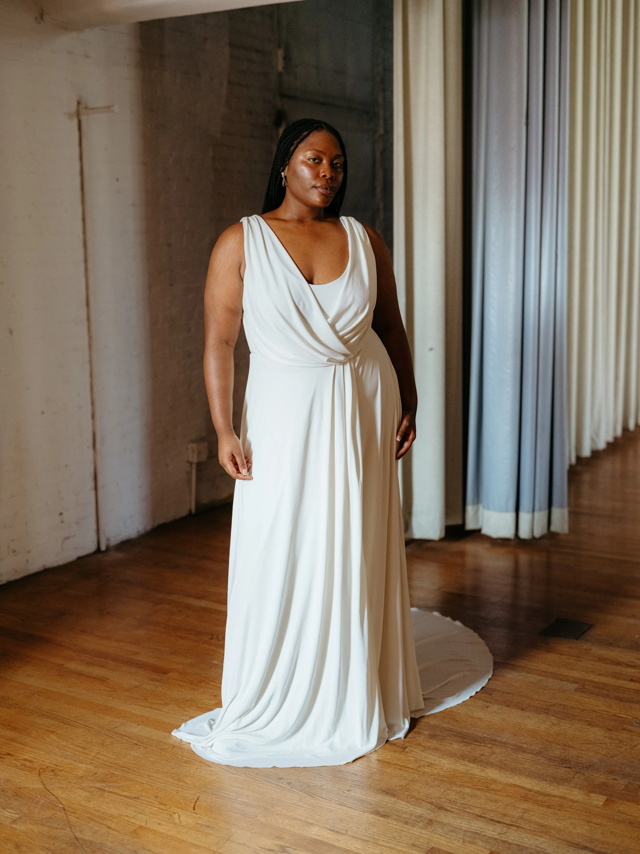 Draped matte jersey crepe plus gown with sleeves in Brooklyn NYC Loulette Bride Draped matte jersey crepe plus gown with sleeves in Brooklyn NYC Loulette Bride