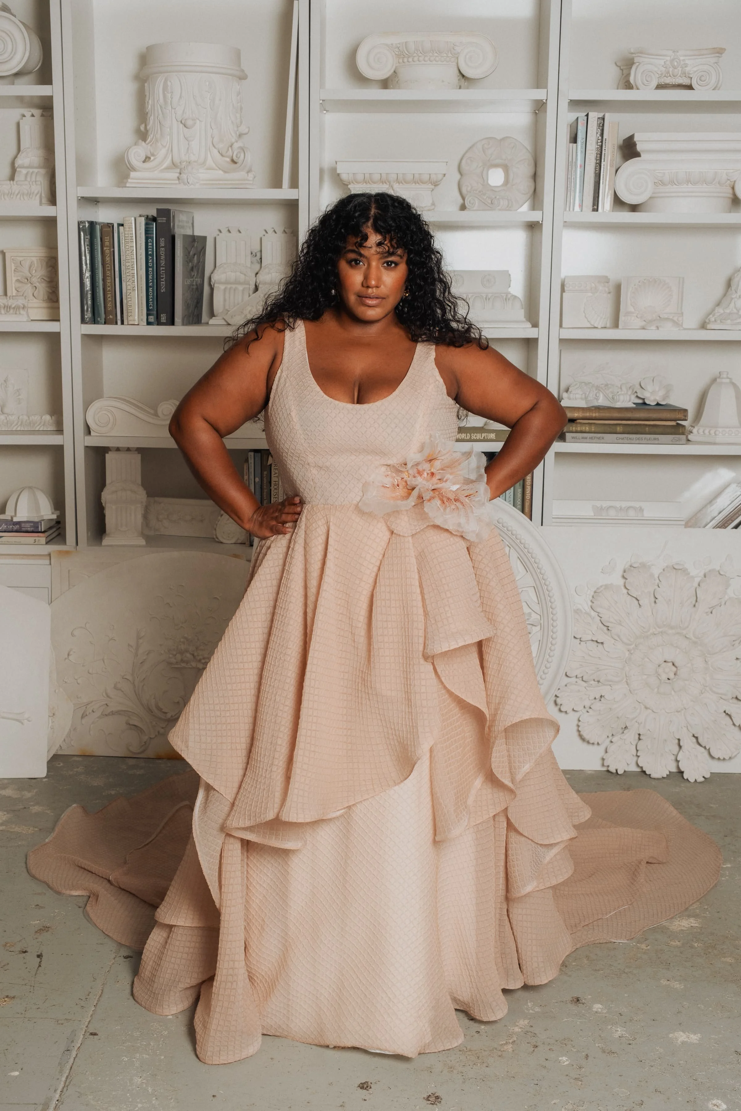 Waffle silk organza scoop tank blush pink wedding dress with ruffle a-line  skirt in Brooklyn NYC — Loulette Bride