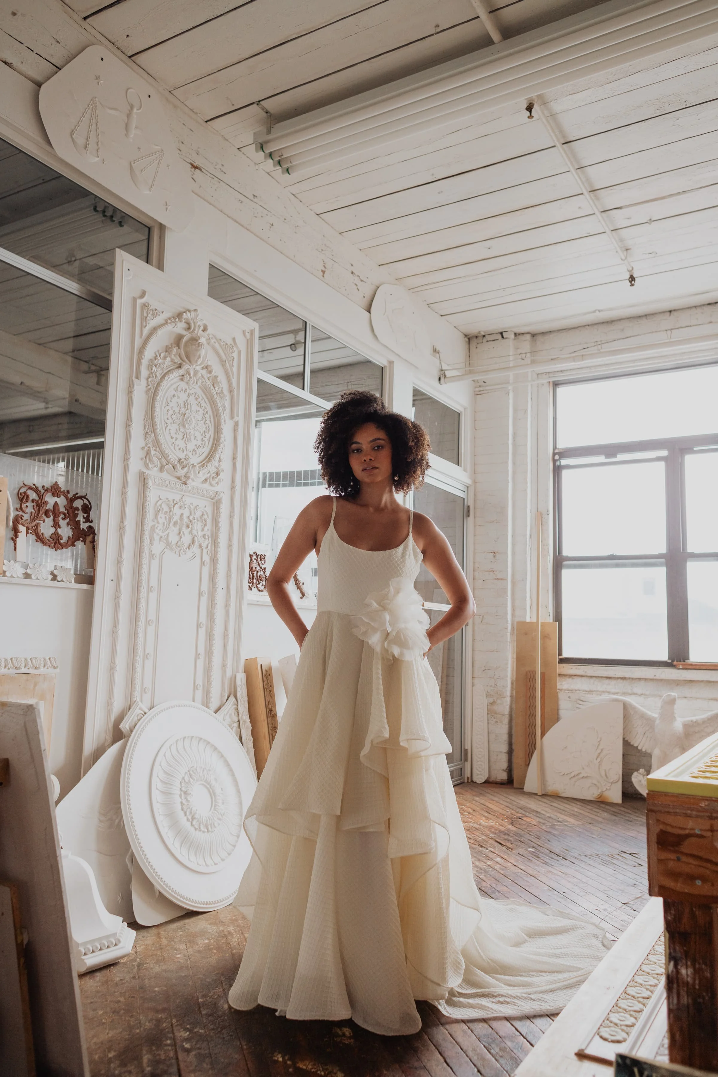 Waffle Texture Silk Organza Full Ruffle Skirt Wedding Dress with Pockets in Brooklyn NYC  Loulette Bride