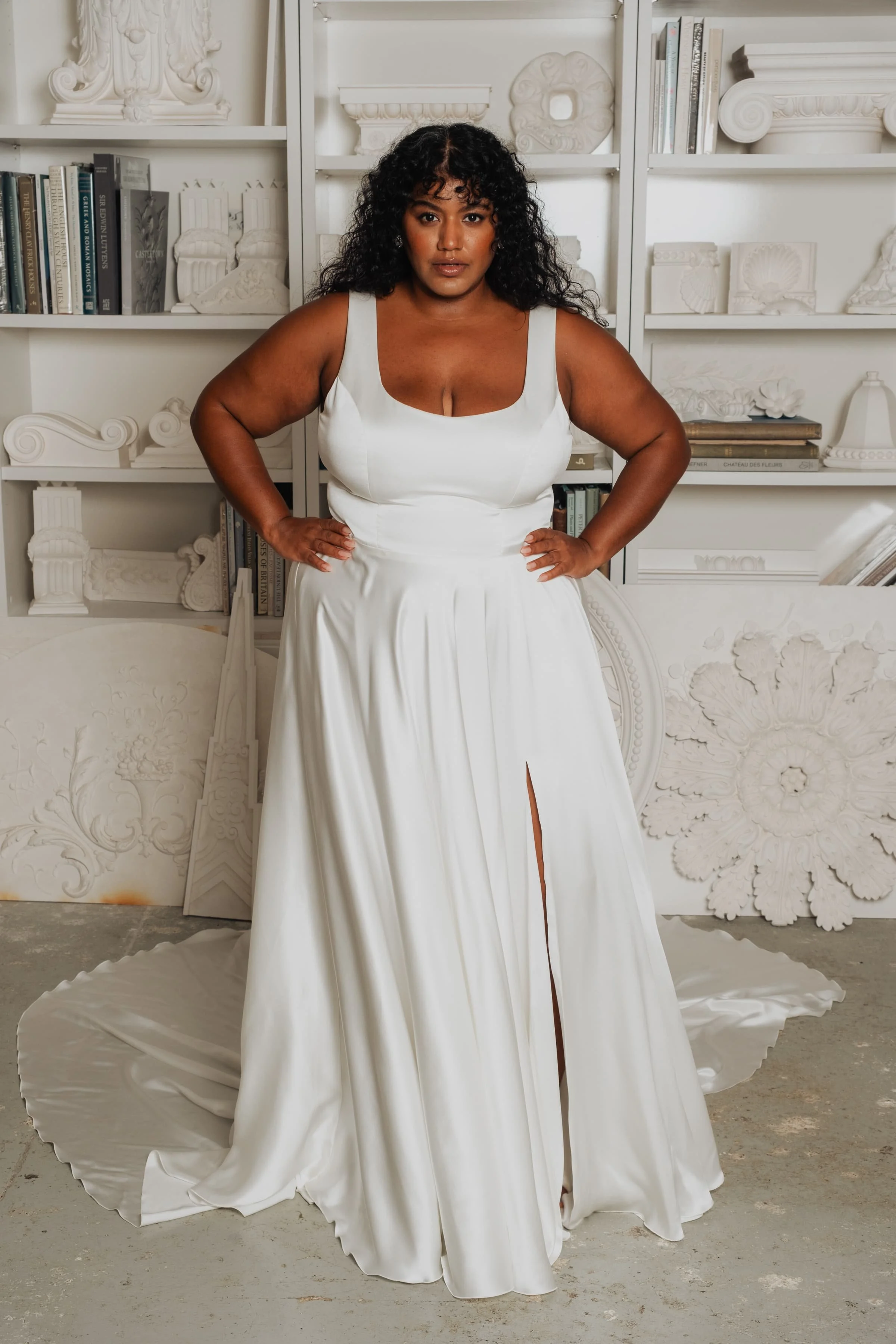 Silk charmeuse satin scoop tank wedding dress with a-line skirt and slit in Brooklyn NYC  Loulette Bride