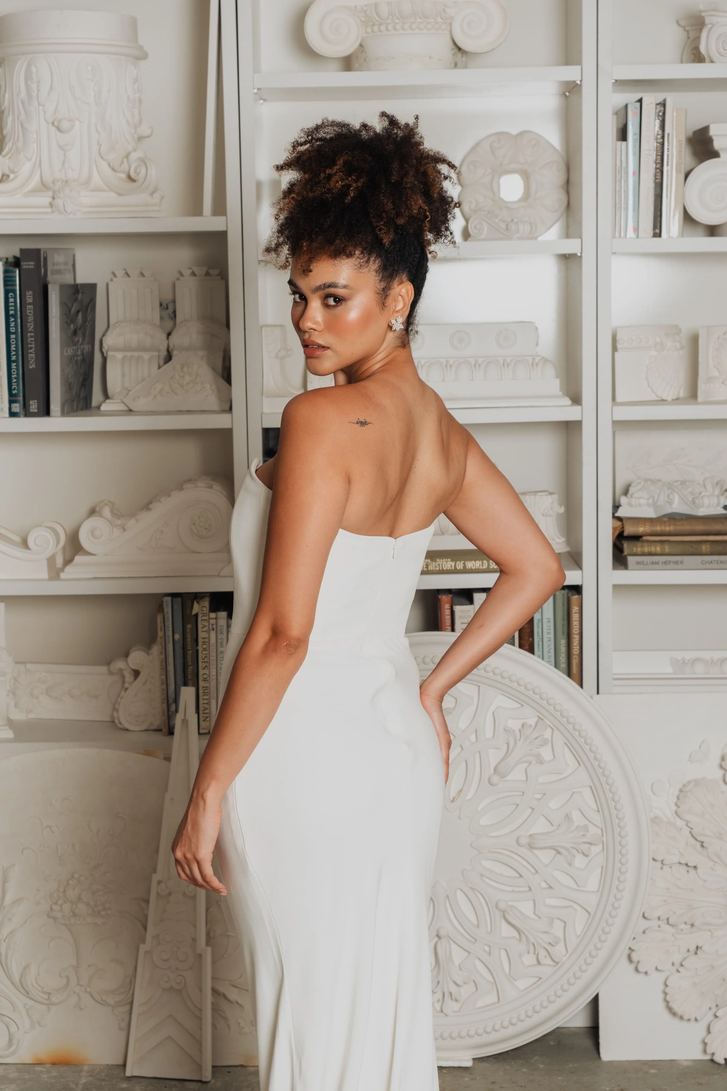 Strapless corset and fitted bias skirt wedding dress silk crepe with long  train in Brooklyn NYC  Loulette Bride