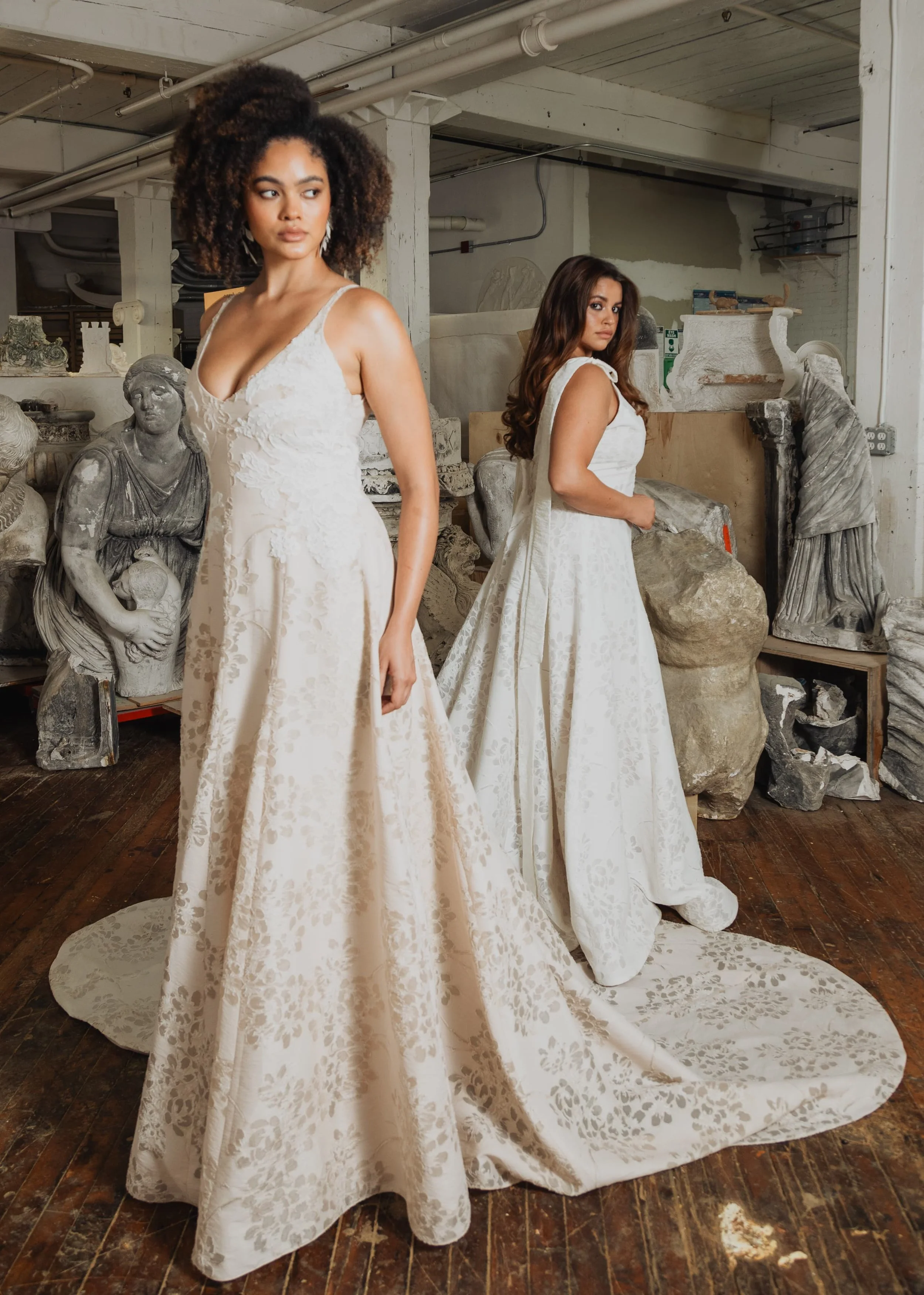 Fit and flare princess seam wedding dress with deep v-neck in blush floral and lace in Brooklyn NYC Loulette Bride Fit and flare princess seam wedding dress with deep v-neck in blush floral and lace in Brooklyn NYC Loulette Bride