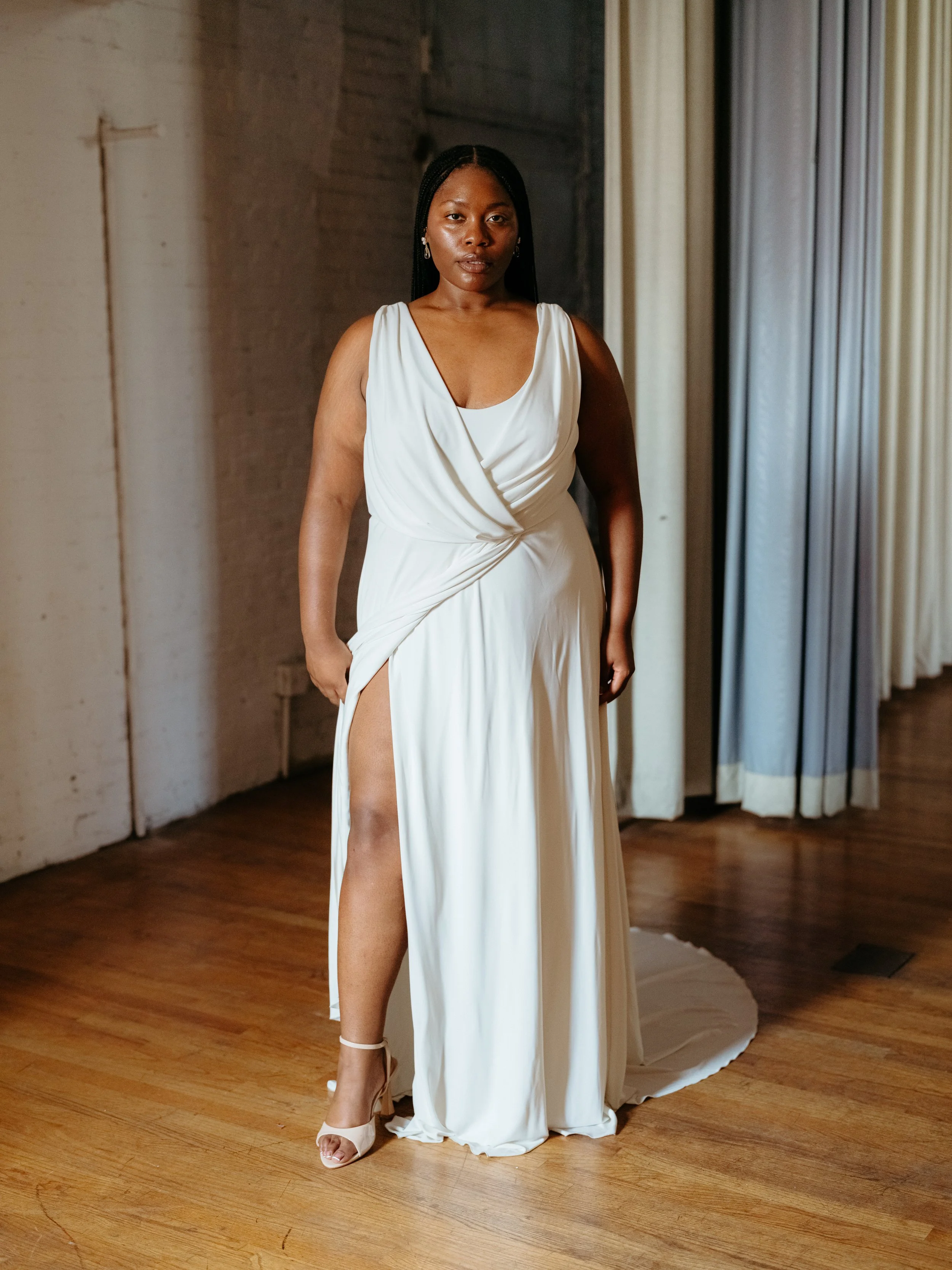 Draped matte jersey crepe plus gown with sleeves in Brooklyn NYC  Loulette  Bride
