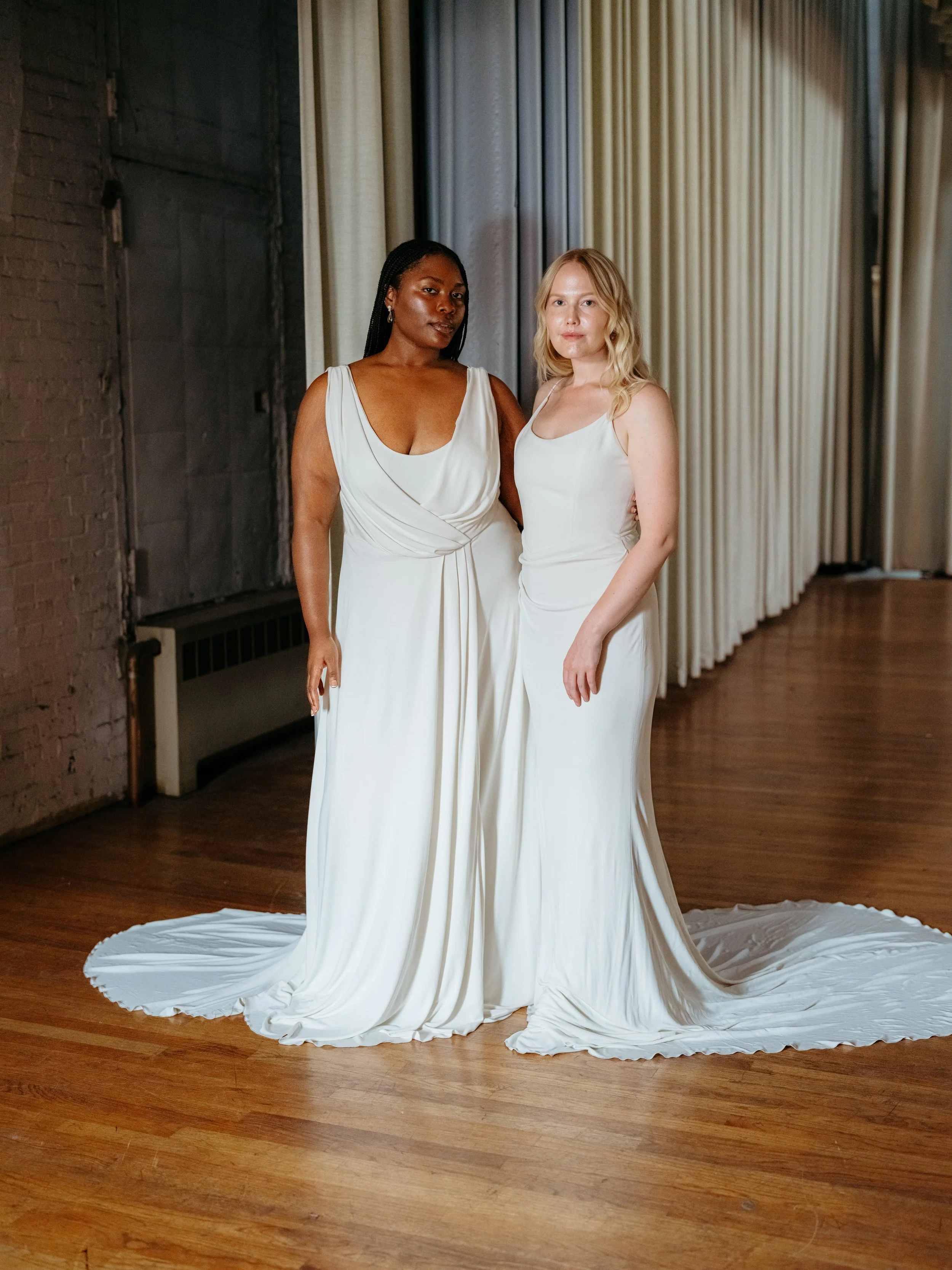 Fitted basque waist bridal gown with hip drape in Brooklyn NYC  Loulette  Bride