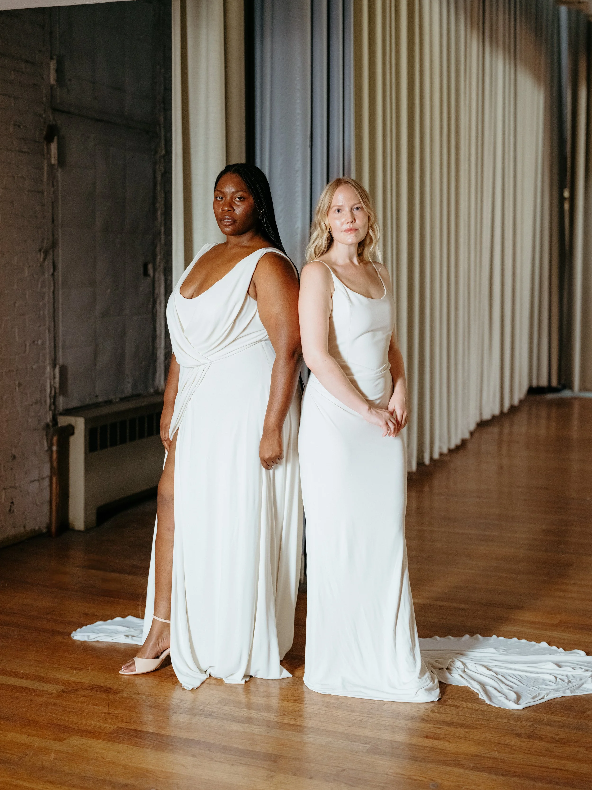Draped matte jersey crepe plus gown with sleeves in Brooklyn NYC  Loulette  Bride