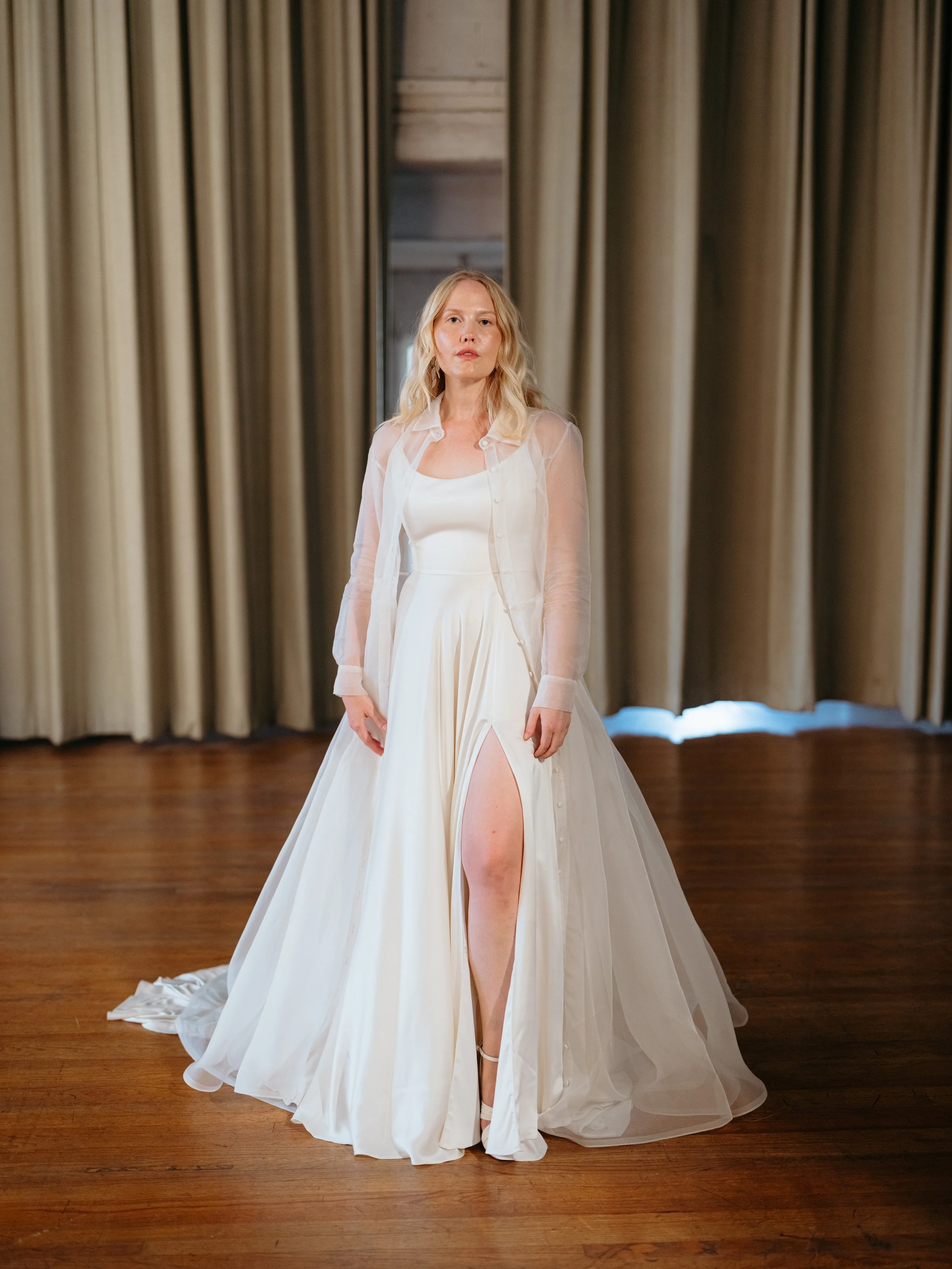Silk Organza bridal button up Oxford shirt style coat, made in Brooklyn NYC   Loulette Bride