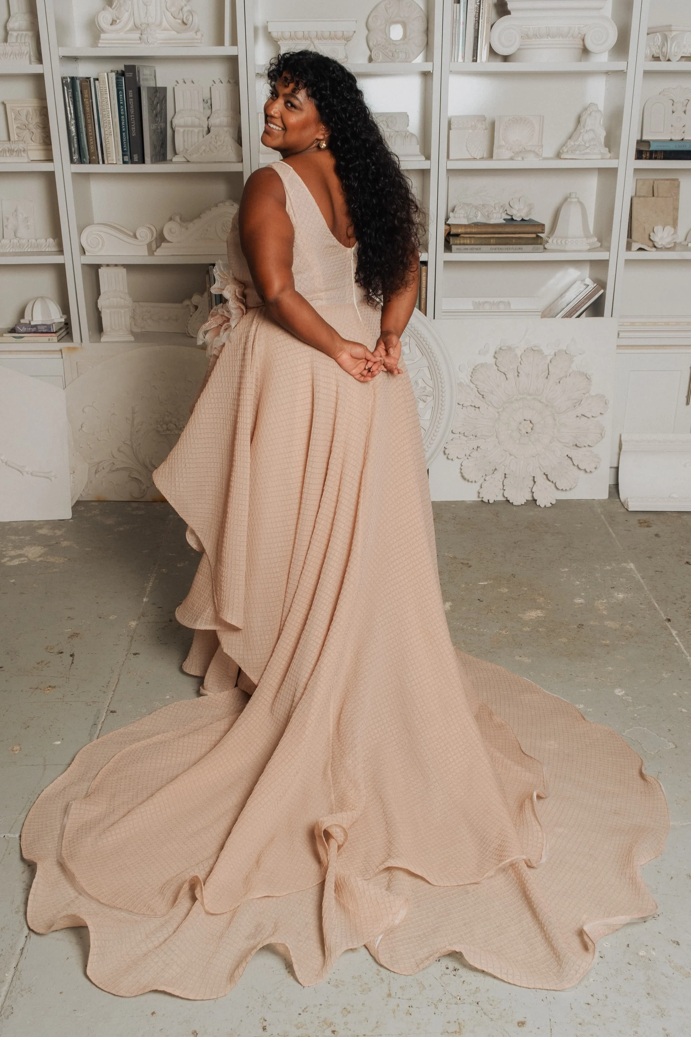 Waffle silk organza scoop tank blush pink wedding dress with ruffle a-line  skirt in Brooklyn NYC  Loulette Bride