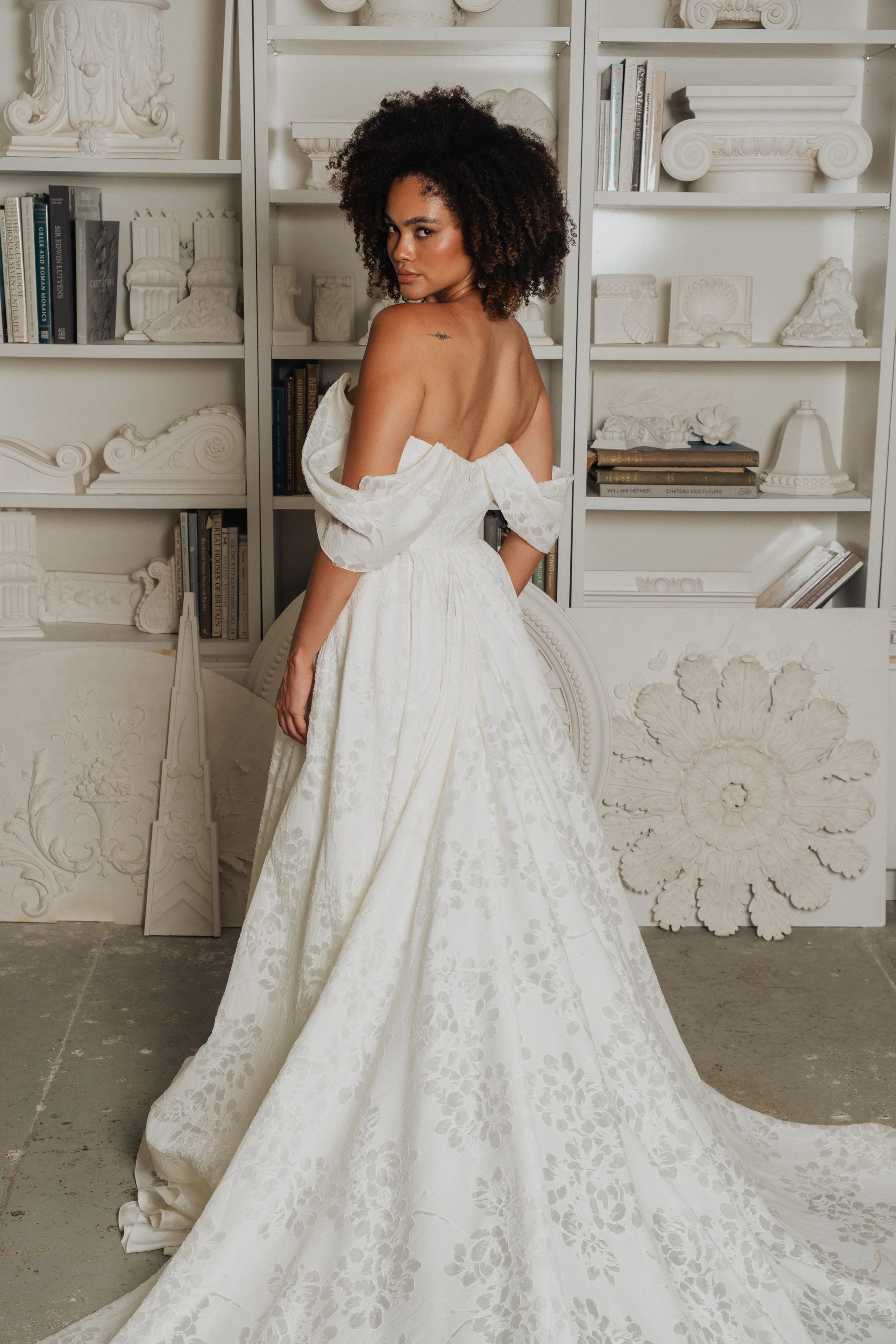 Strapless corset bodice basque waist wedding dress with off the shoulder sleeve in Brooklyn NYC Loulette Bride Strapless corset bodice basque waist wedding dress with off the shoulder sleeve in Brooklyn NYC Loulette Bride