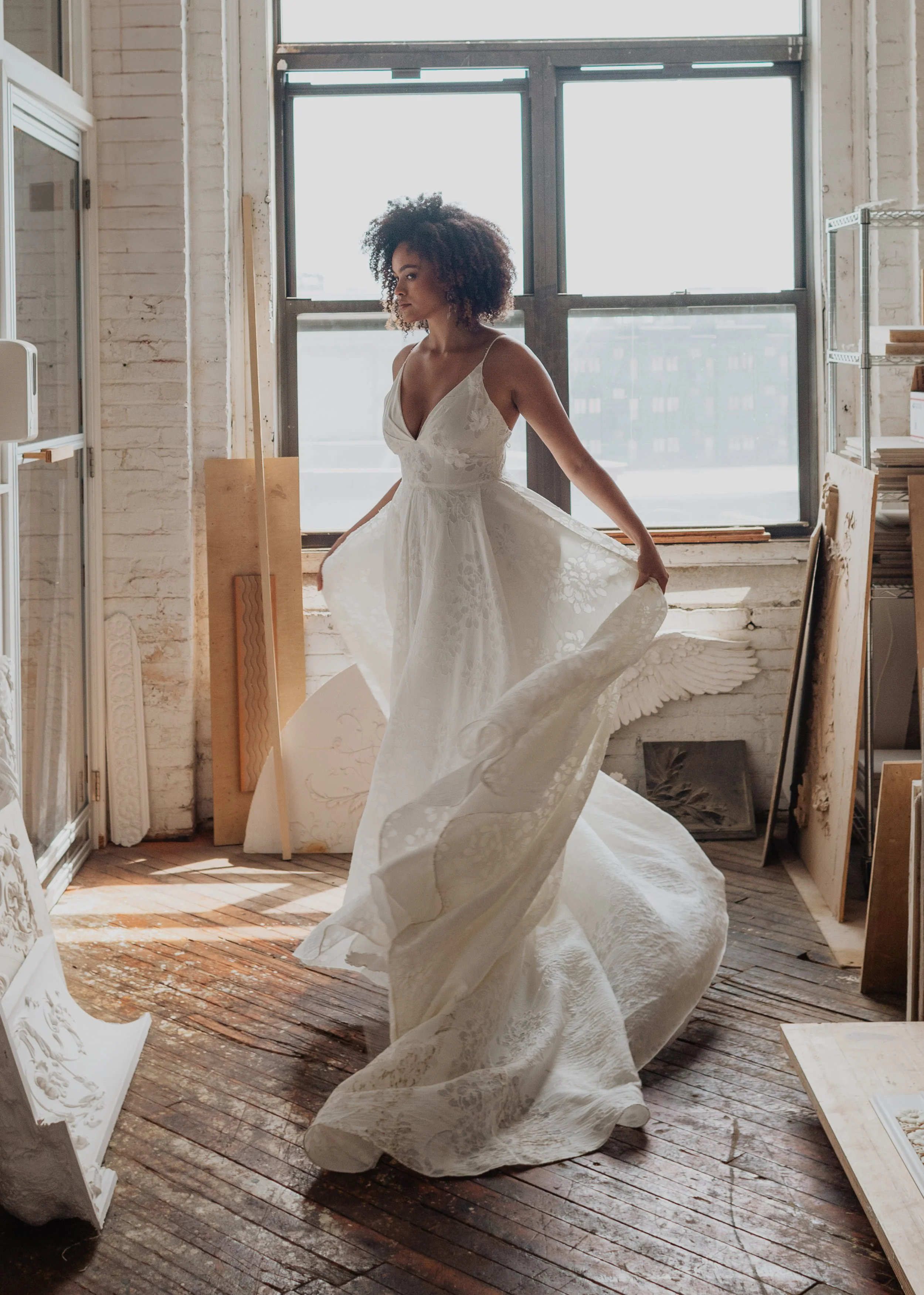 Spaghetti Strap Floral Jacquard V-Neck Wedding Dress with Pleat Skirt, Slit, Pockets in Brooklyn NYC  Loulette Bride