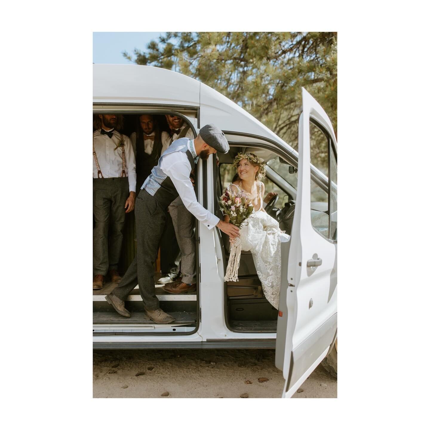 Carrie and Hayden and sweet glances out of their camper van on their wedding day 🤩