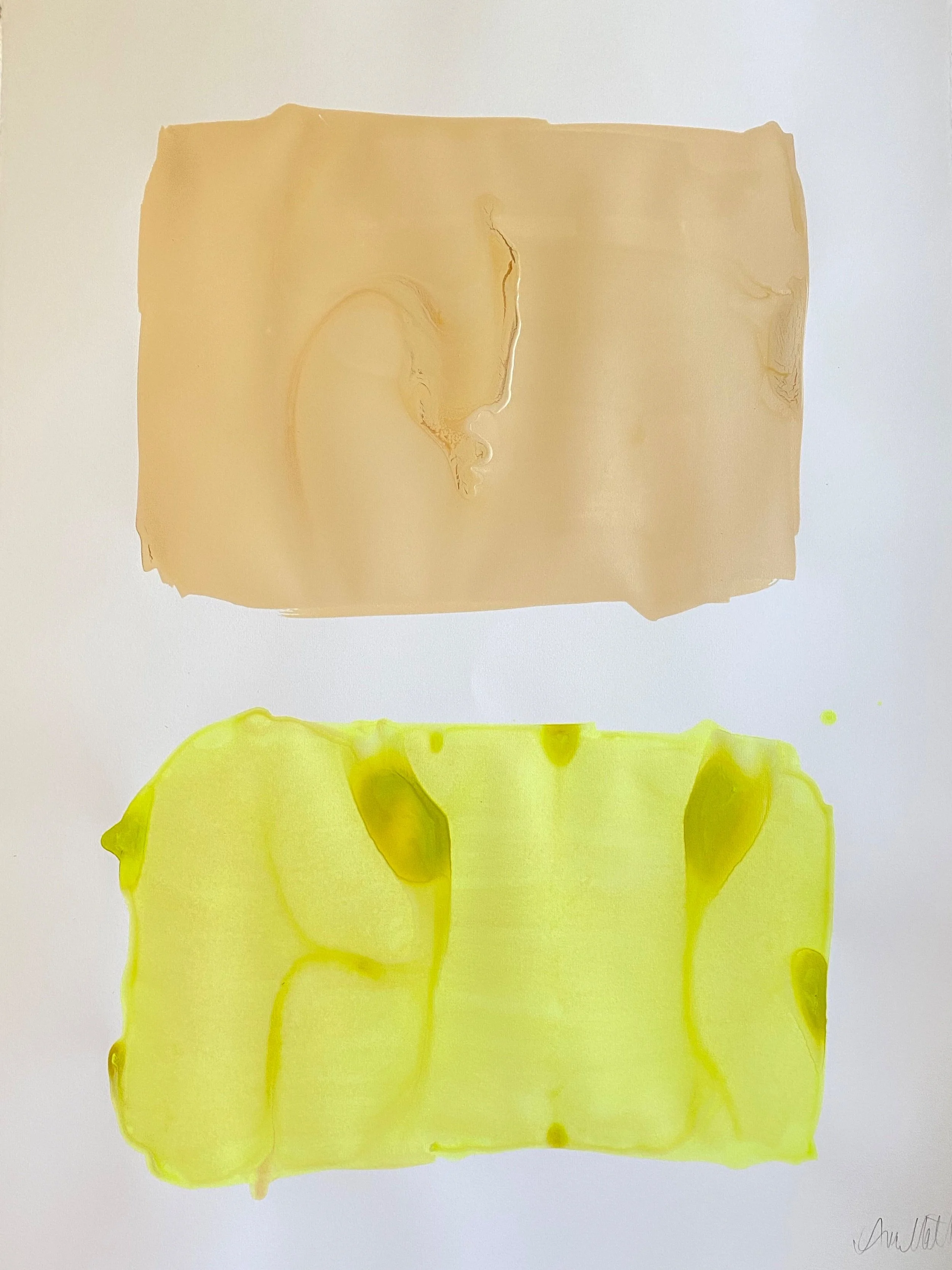 Two rectangular pieces of fabric or paper, one beige and one yellow, placed horizontally against a white background.