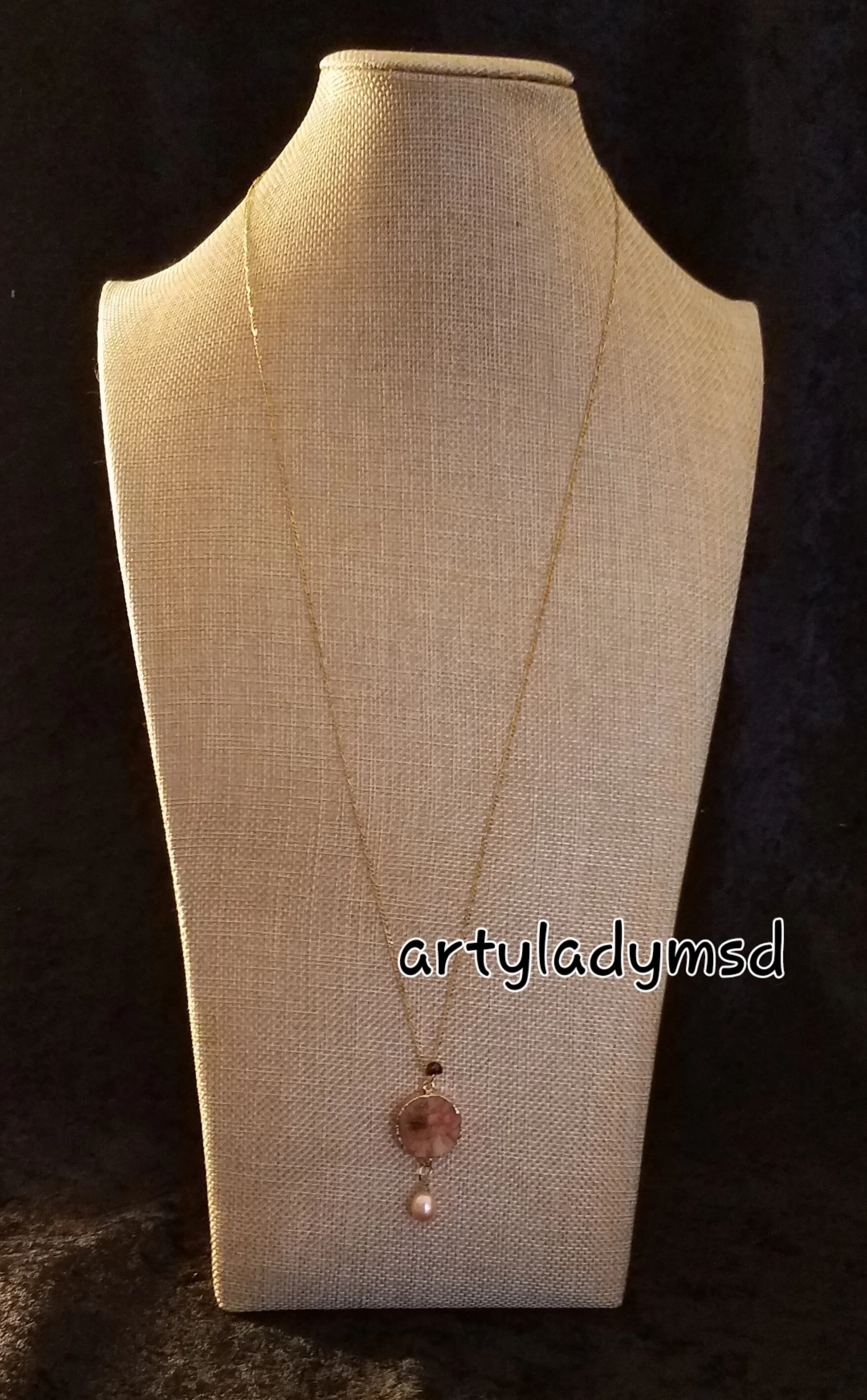 Peach Druzy & Freshwater Pearl on gold chain by ArtyLadyMsD.jpg