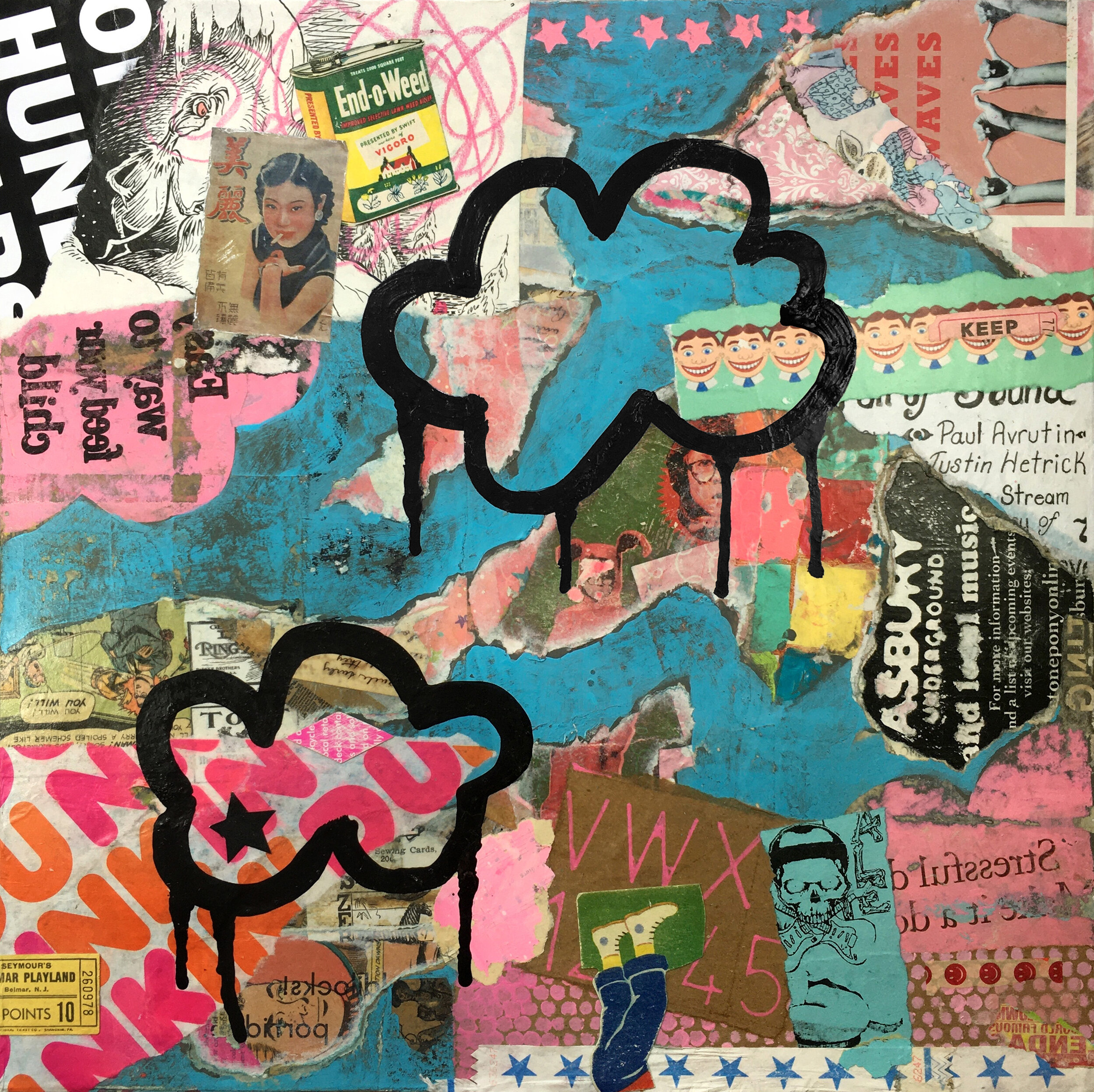 Cloudy With A Chance of Pink, 16”x16”, mixed media