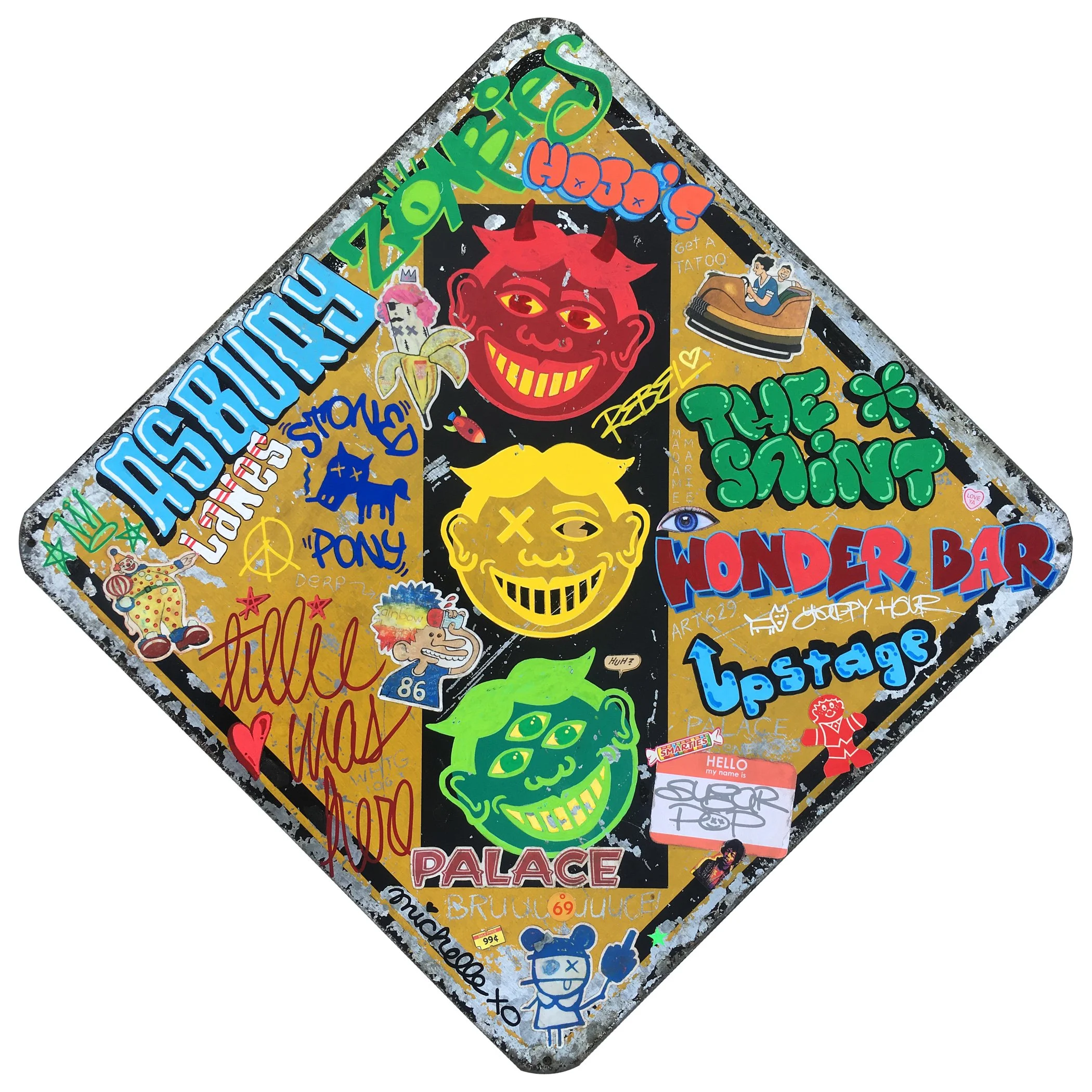 Asbury Park themed Traffic Sign graffitied art piece with images of Tillie from the Palace Amusements, Zombie Walk, The Saint, Wonder Bar, Upstage, Stone Pony, Asbury Lanes, Howard Johnson's and more! by artist Michelle Renée Bernard