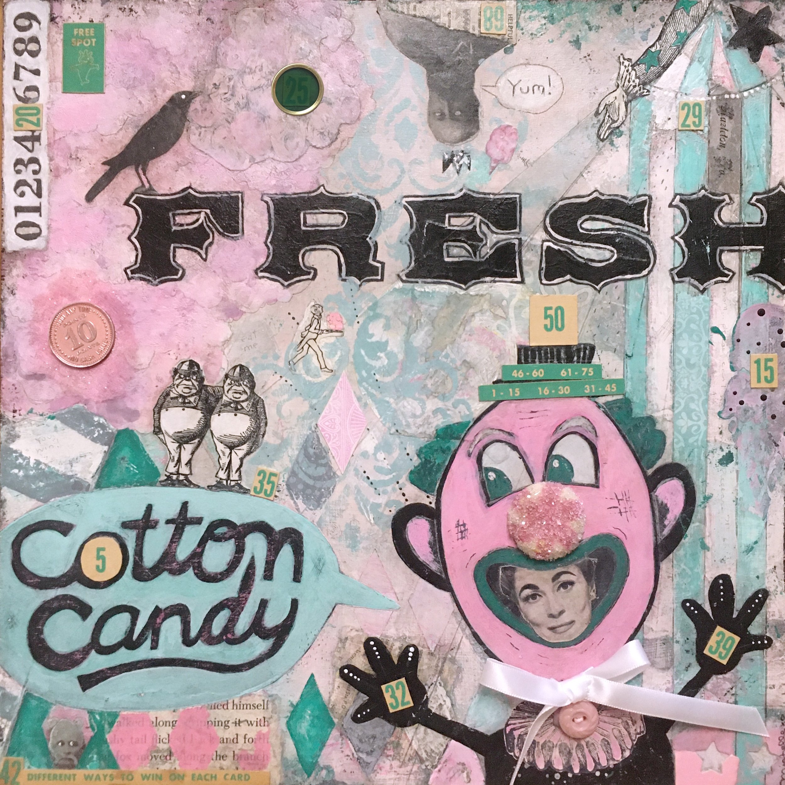 Mixed Media cotton candy themed painting by Michelle Renee Bernard. Inspired by a lifetime at the shore, and weekends at the boardwalk, this piece started out as an ode to water clown games, old fashioned arcades, shooting galleries, and cotton candy