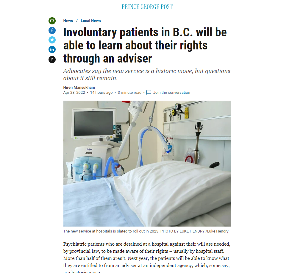 Involuntary patients in B.C. will be able to learn about their rights through an adviser